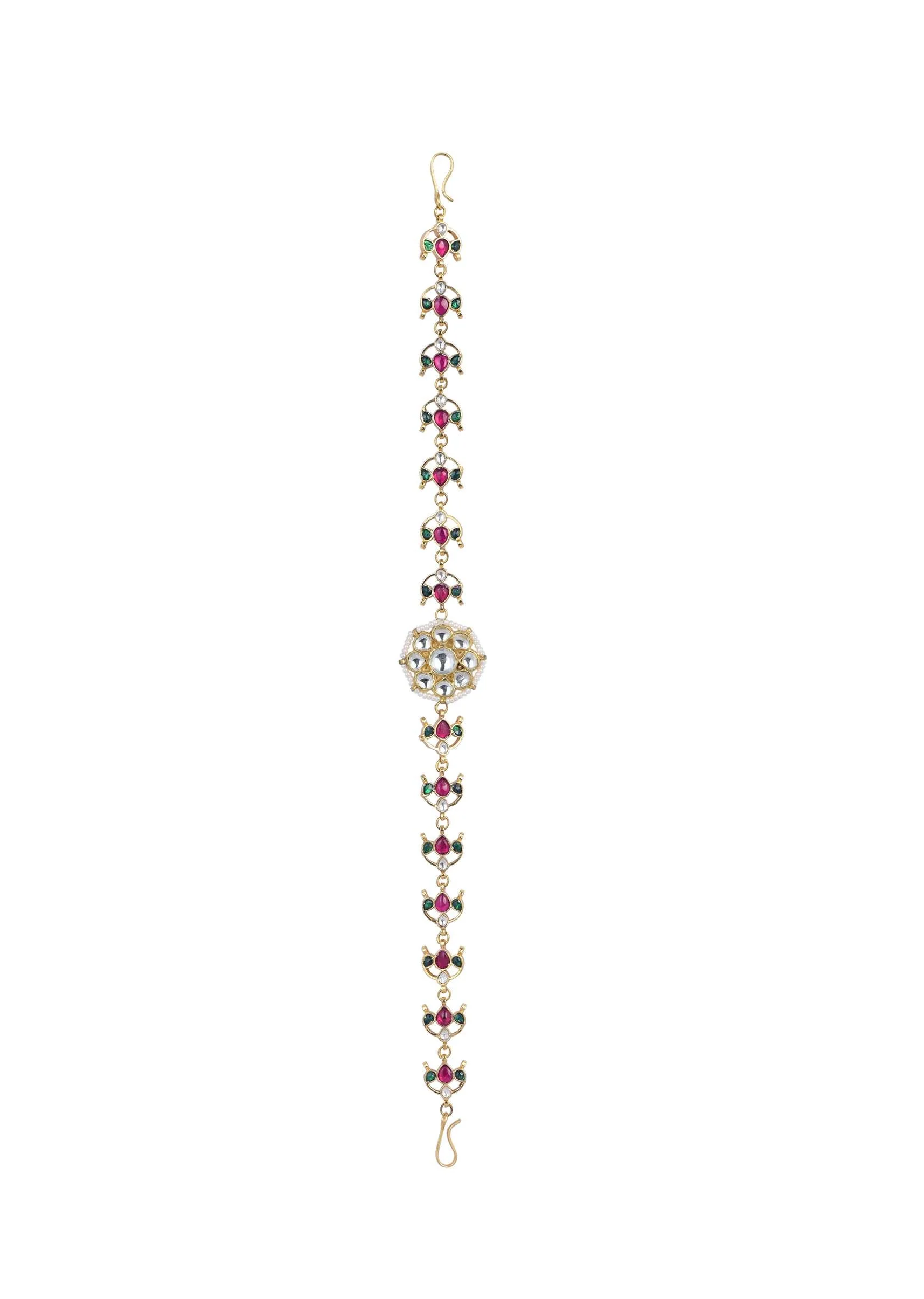Gold Finish Kundan Mathapatti With Multicolor Floral Motif Stones - Image 2