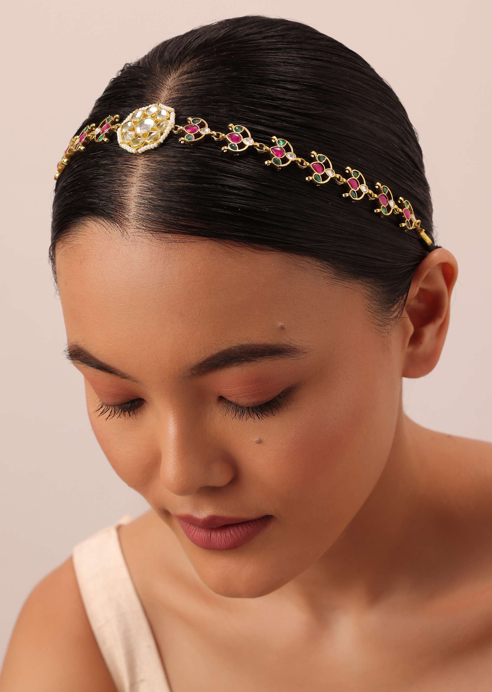 Gold Finish Kundan Mathapatti With Multicolor Floral Motif Stones - Image 3