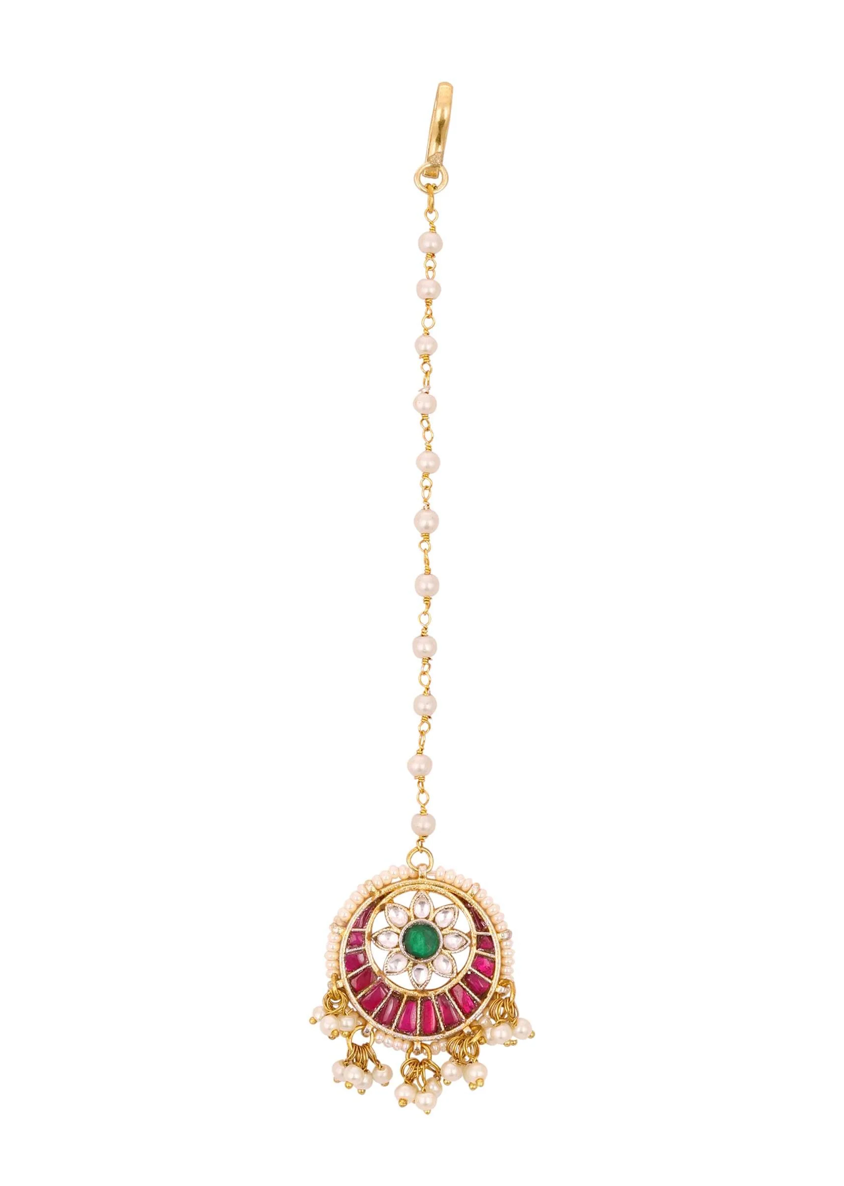 Gold Finish Kundan Multicolor Floral Maangtika With Synthetic Beads And Stones - Image 3