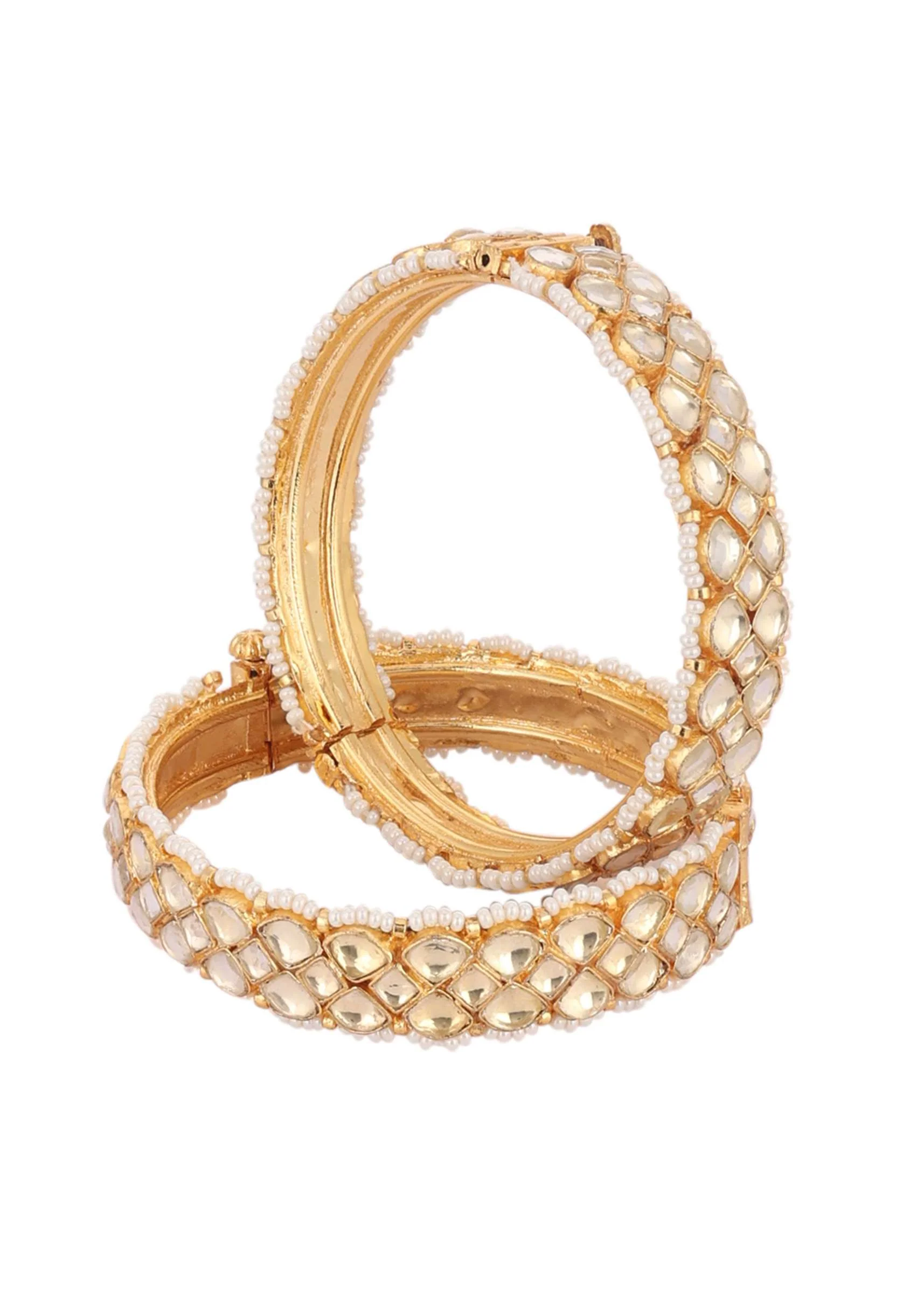 Gold Finish Kundan Polki Bangles With Pearls - Image 5