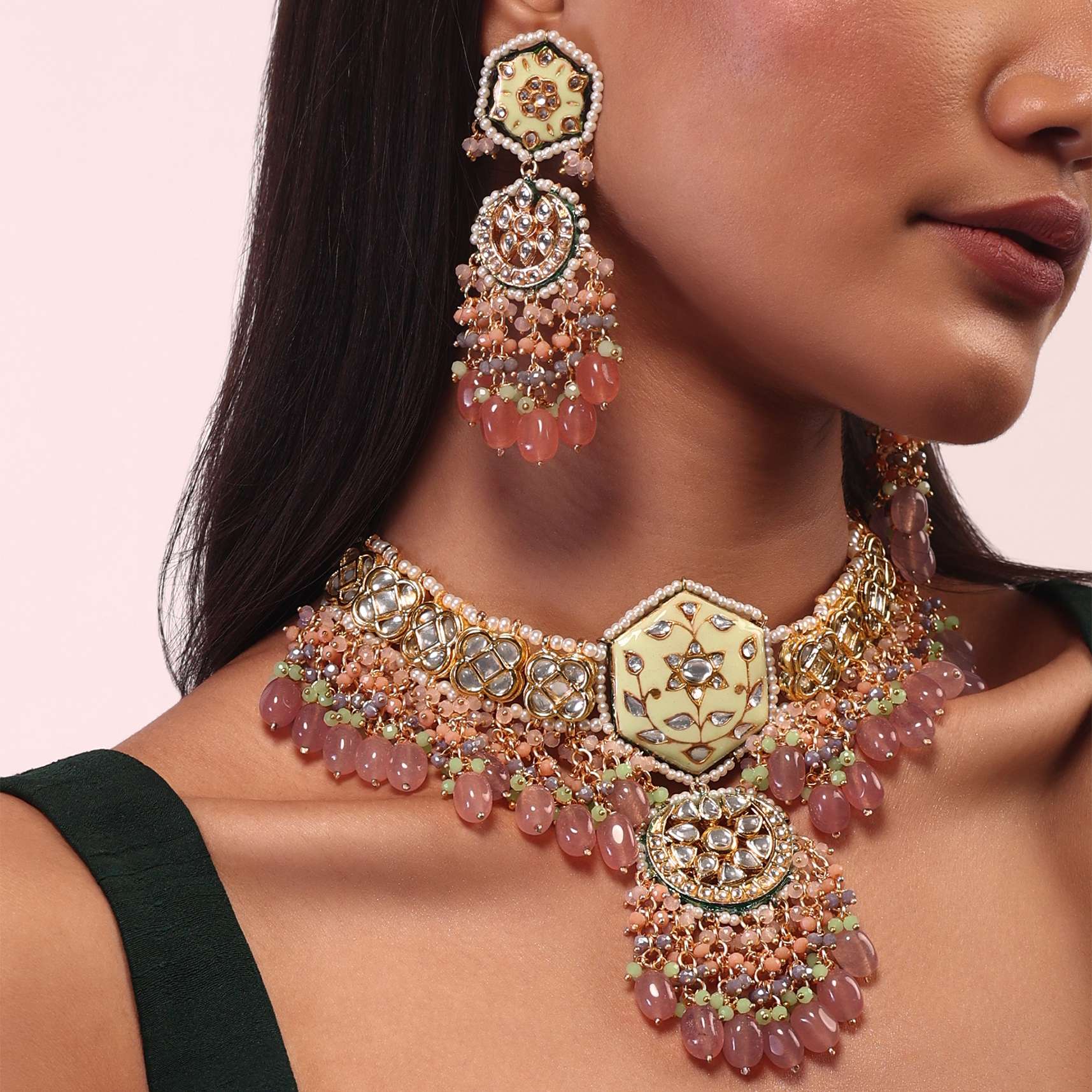 Gold Finish Kundan Polki beaded Necklace set with Earrings - Image 2