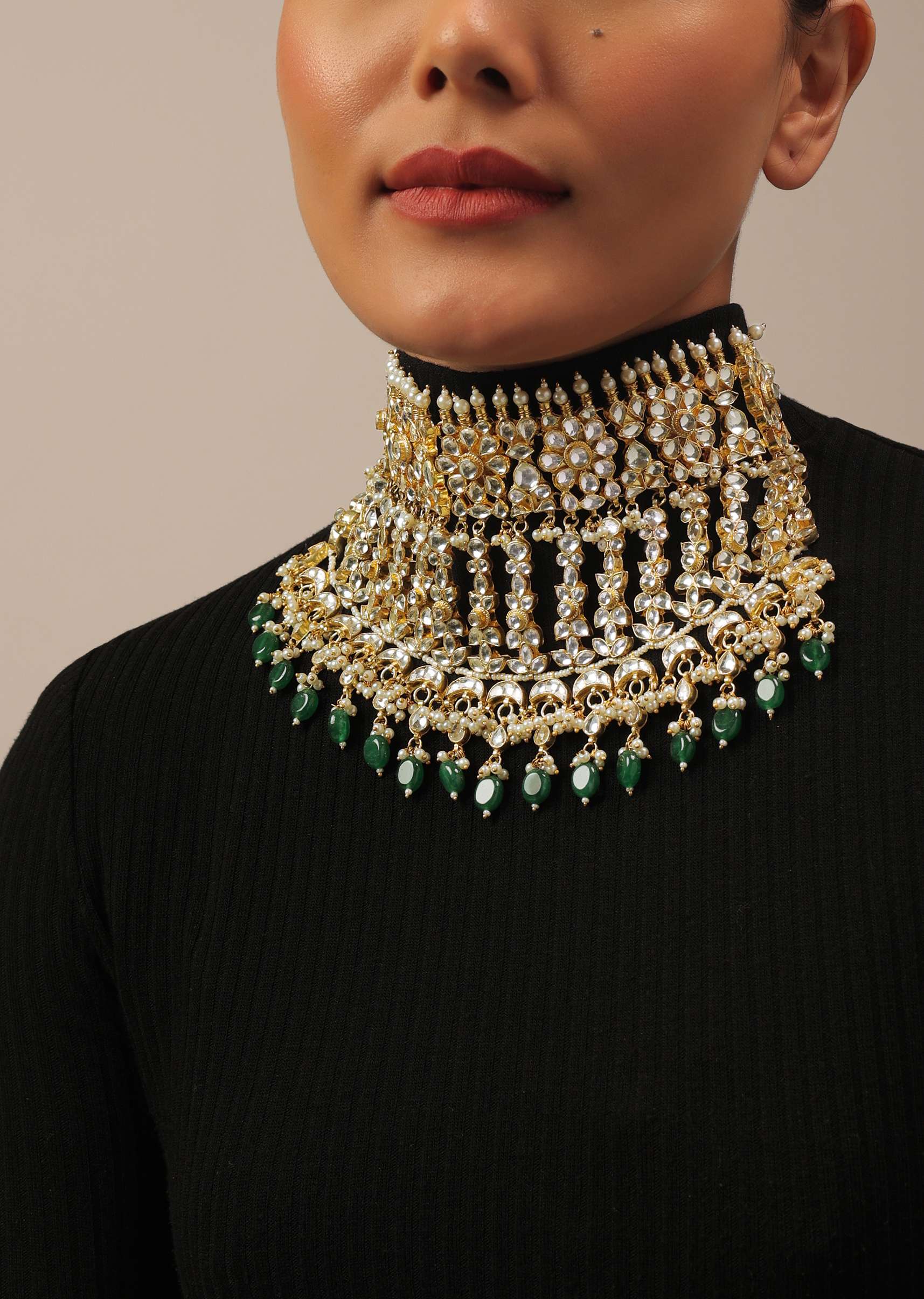 Gold Finish Kundan Polki Choker Set With Green Drops - Image 2