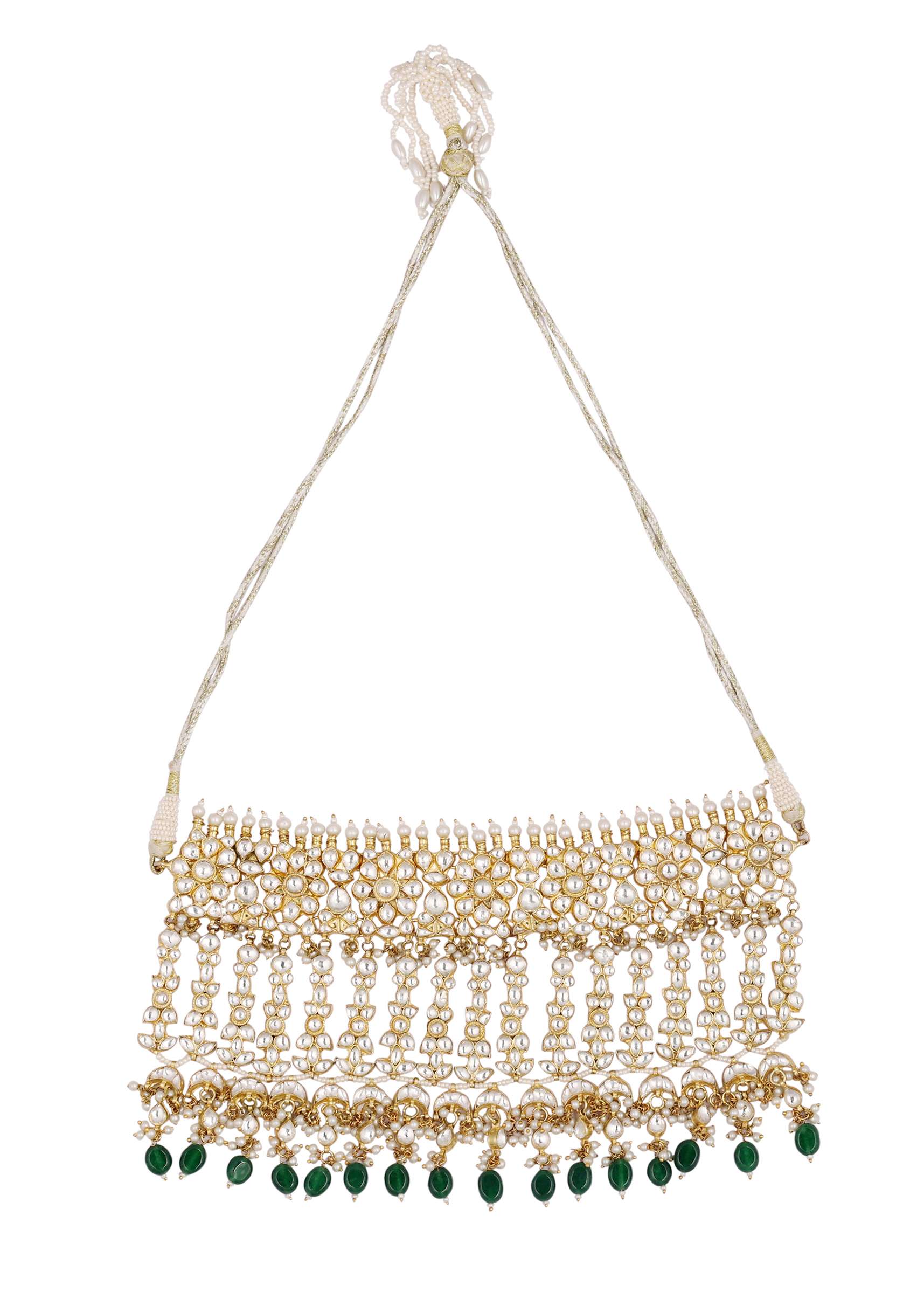Gold Finish Kundan Polki Choker Set With Green Drops - Image 6