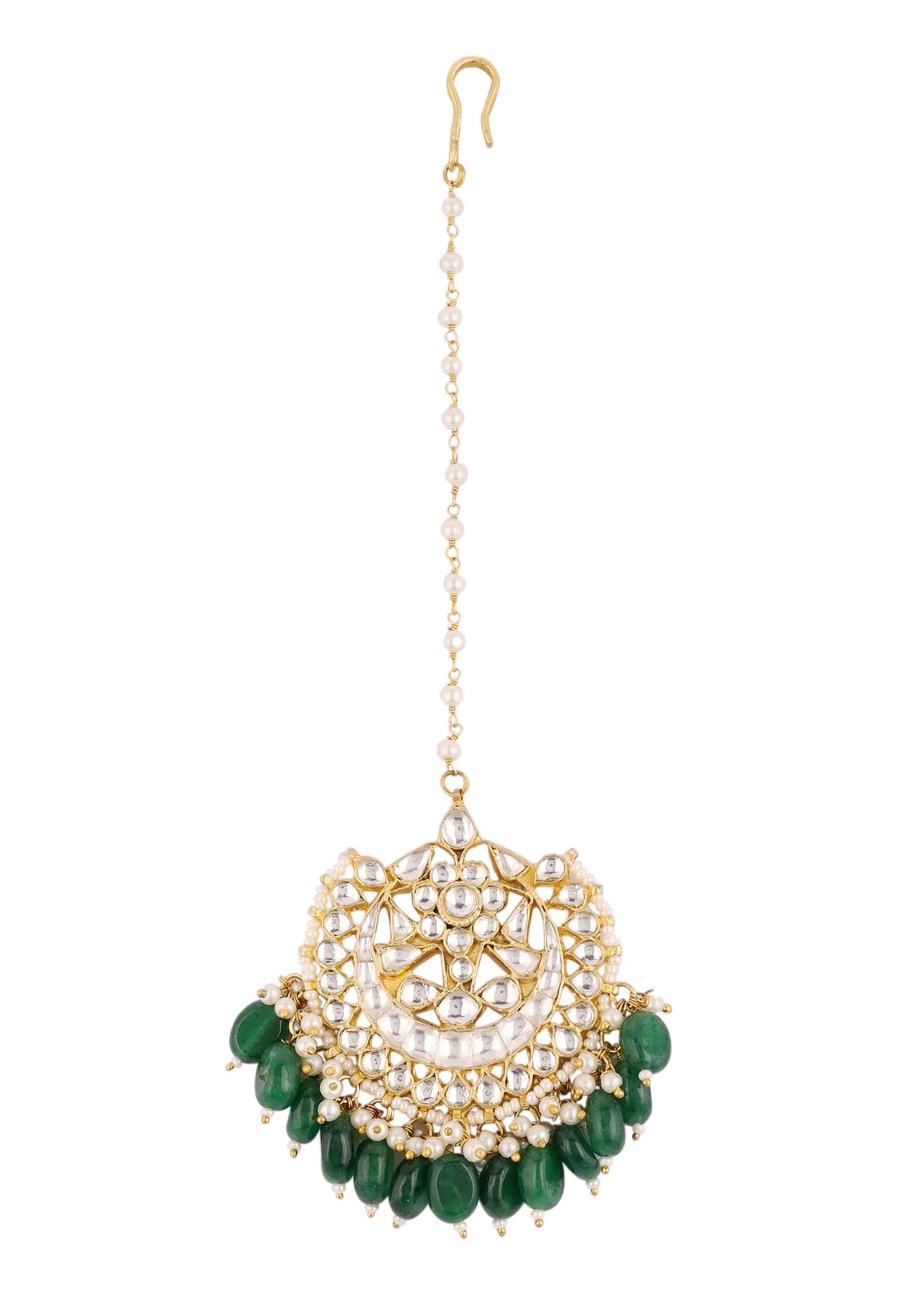 Gold Finish Kundan Polki Choker Set With Green Drops - Image 8