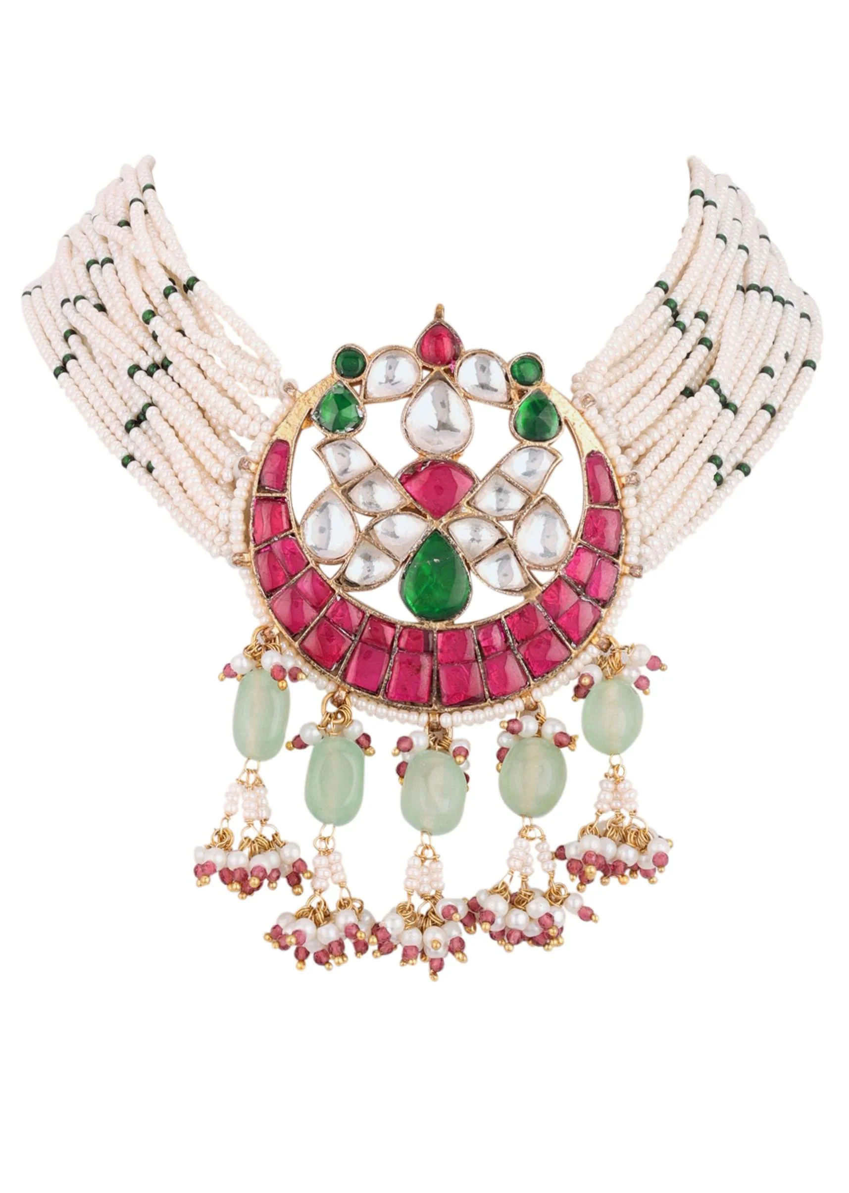 Gold Finish Kundan Polki Choker Set With Ocean Blue Drops - Image 5