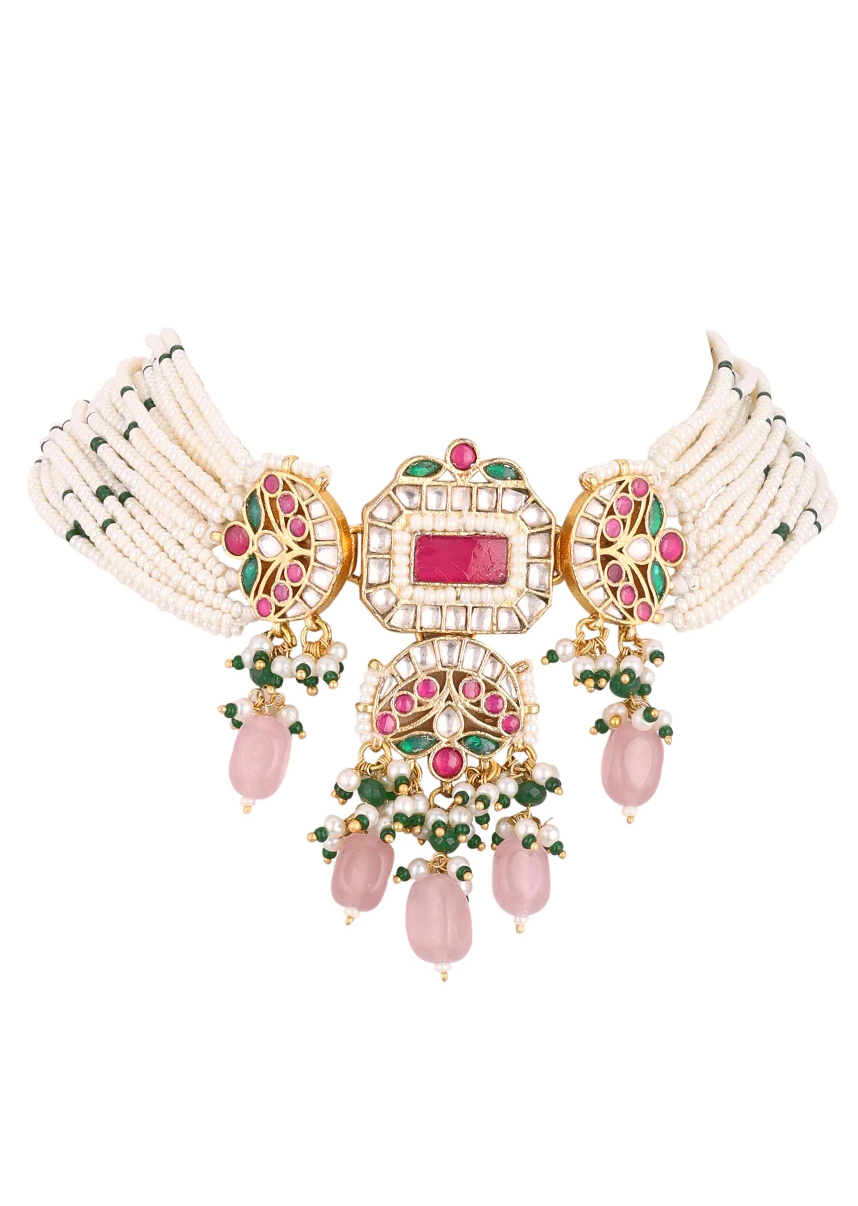 Gold Finish Kundan Polki Choker Set With Peach Drops - Image 5