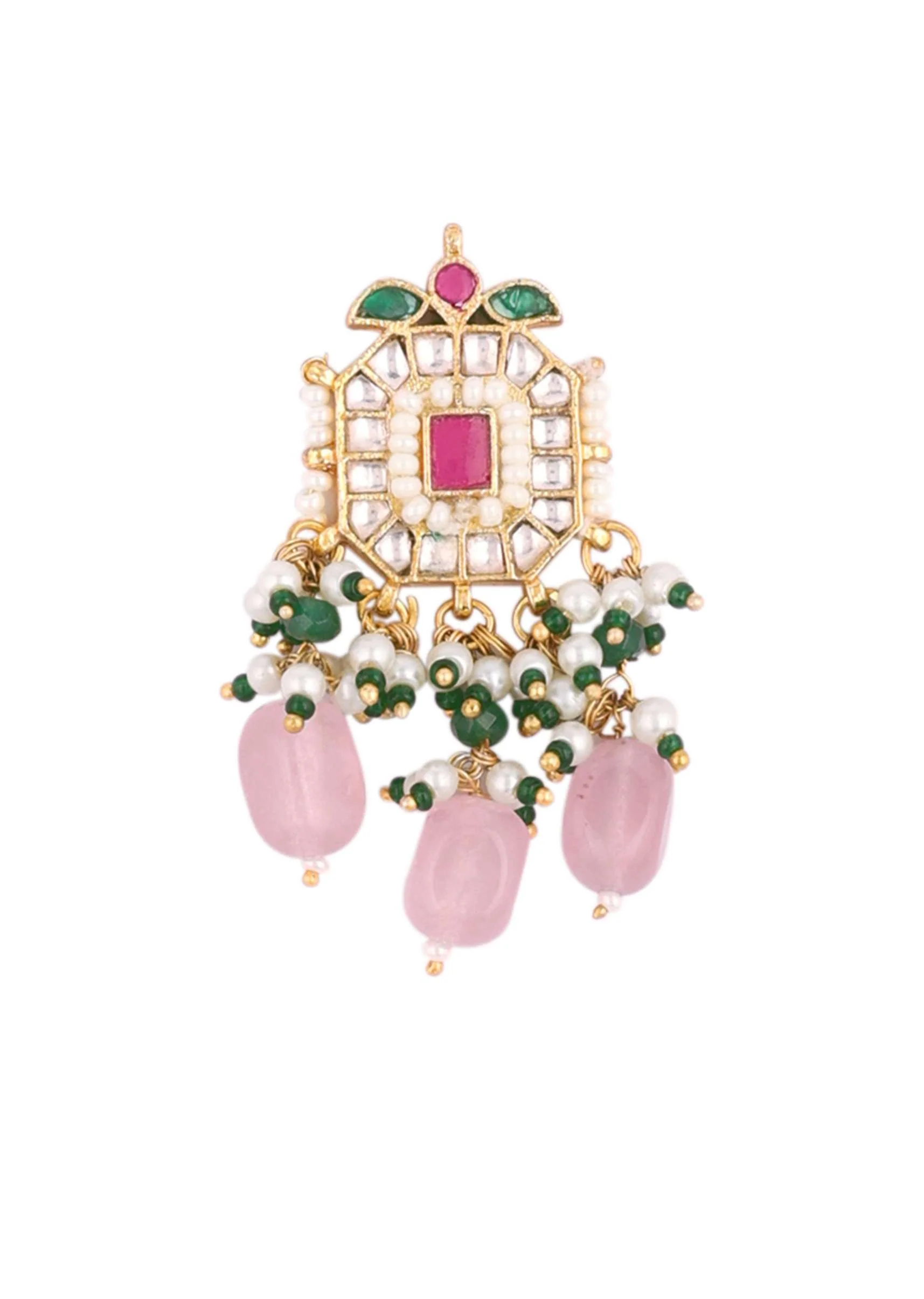 Gold Finish Kundan Polki Choker Set With Peach Drops - Image 7
