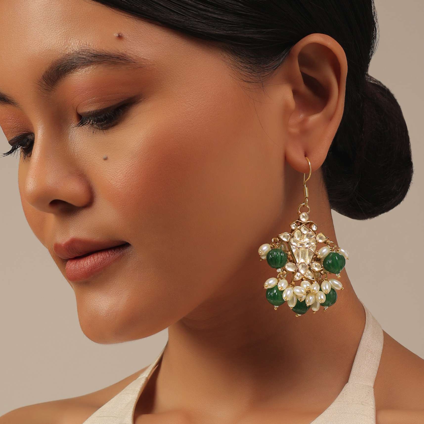 Gold Finish Kundan Polki Dangling Earrings With Synthetic Emerald Stones - Image 2