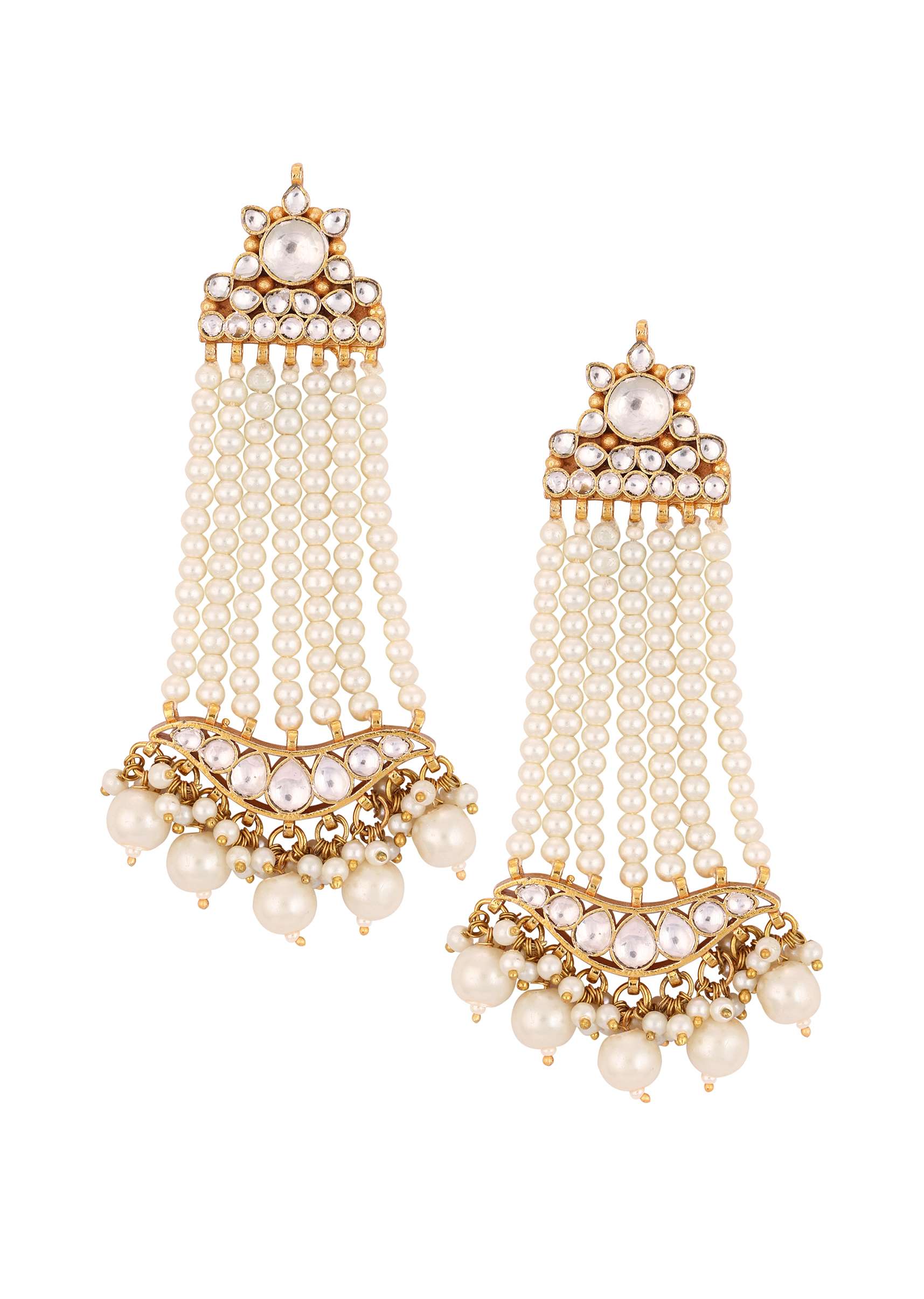 Gold Finish Kundan Polki Earrings With Beads And Pearls - Image 4