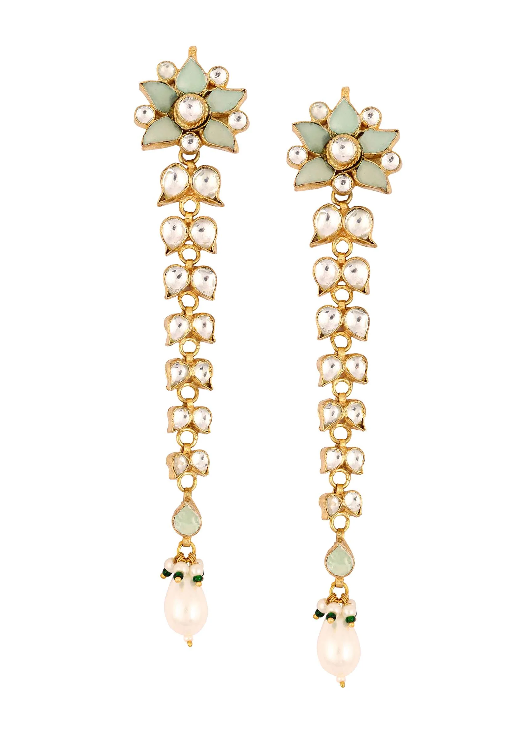 Gold Finish Kundan Polki Earrings With Pearl And Beads - Image 4