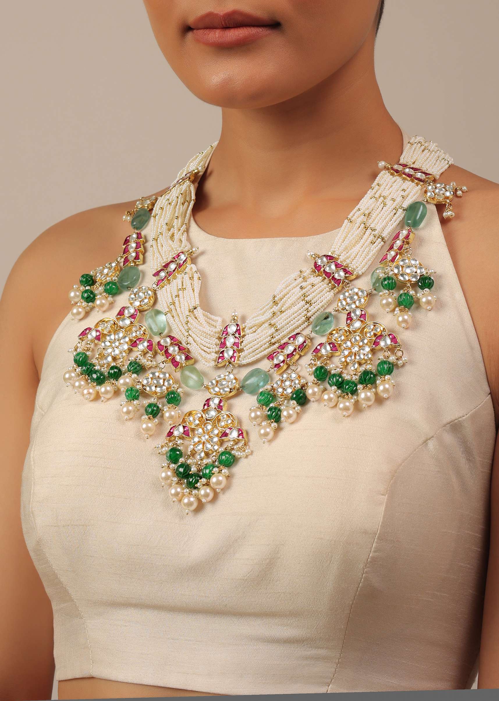 Gold Finish Kundan Polki Multicolor Choker Set With Pearls And Green Beads - Image 3
