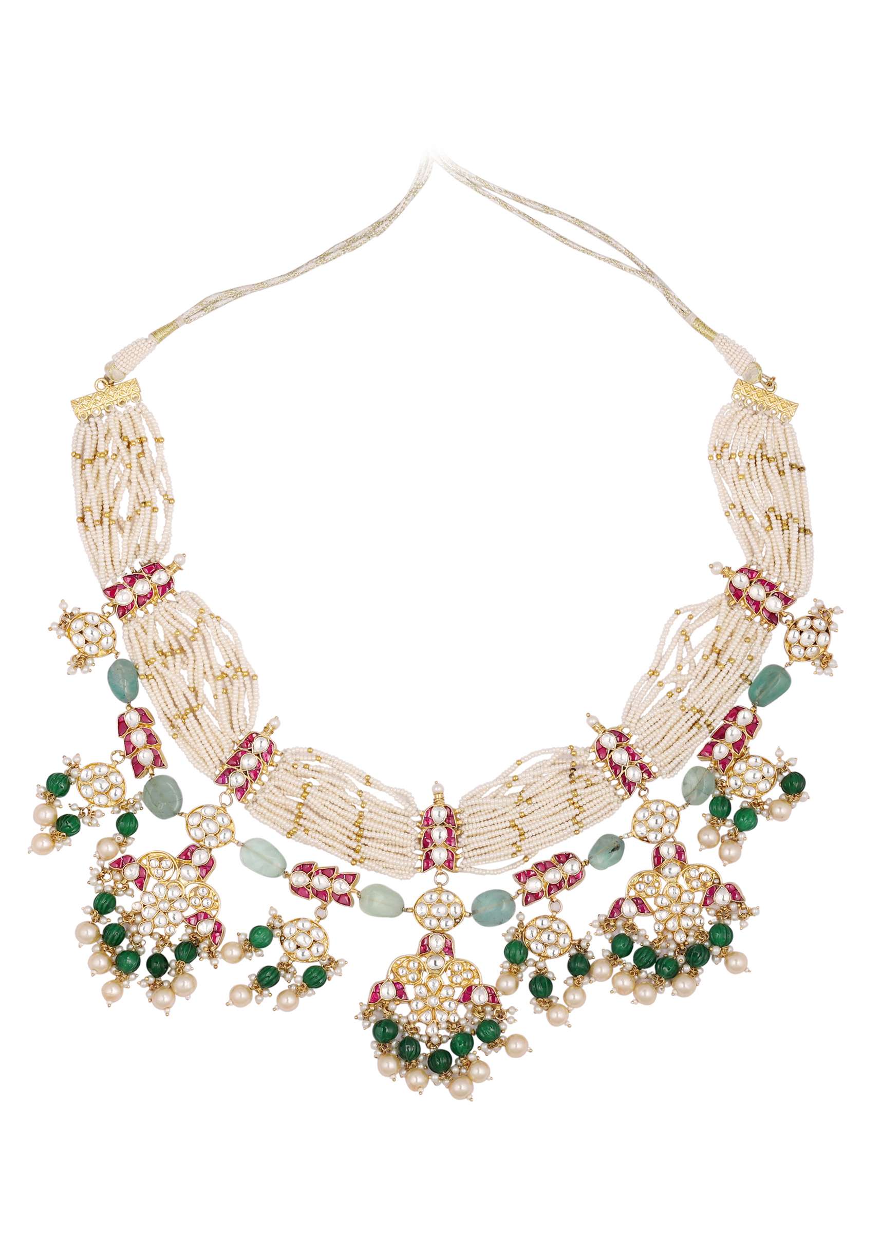 Gold Finish Kundan Polki Multicolor Choker Set With Pearls And Green Beads - Image 5
