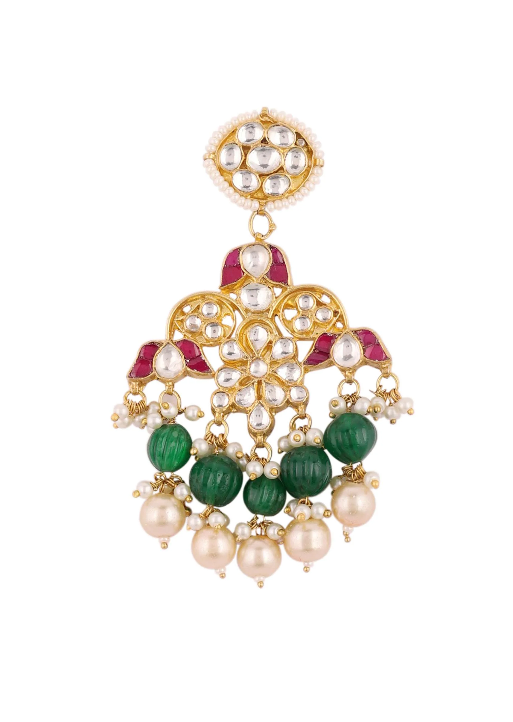 Gold Finish Kundan Polki Multicolor Choker Set With Pearls And Green Beads - Image 6