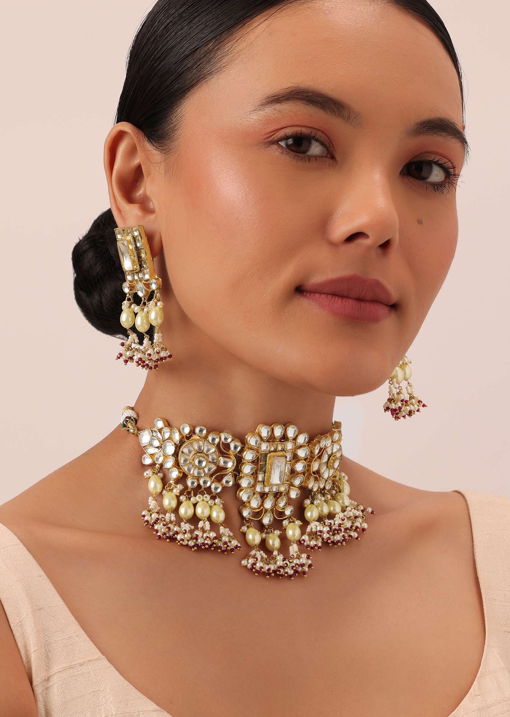 Gold Finish Kundan Polki Pearl White Choker Set With Pearls and Red Beads