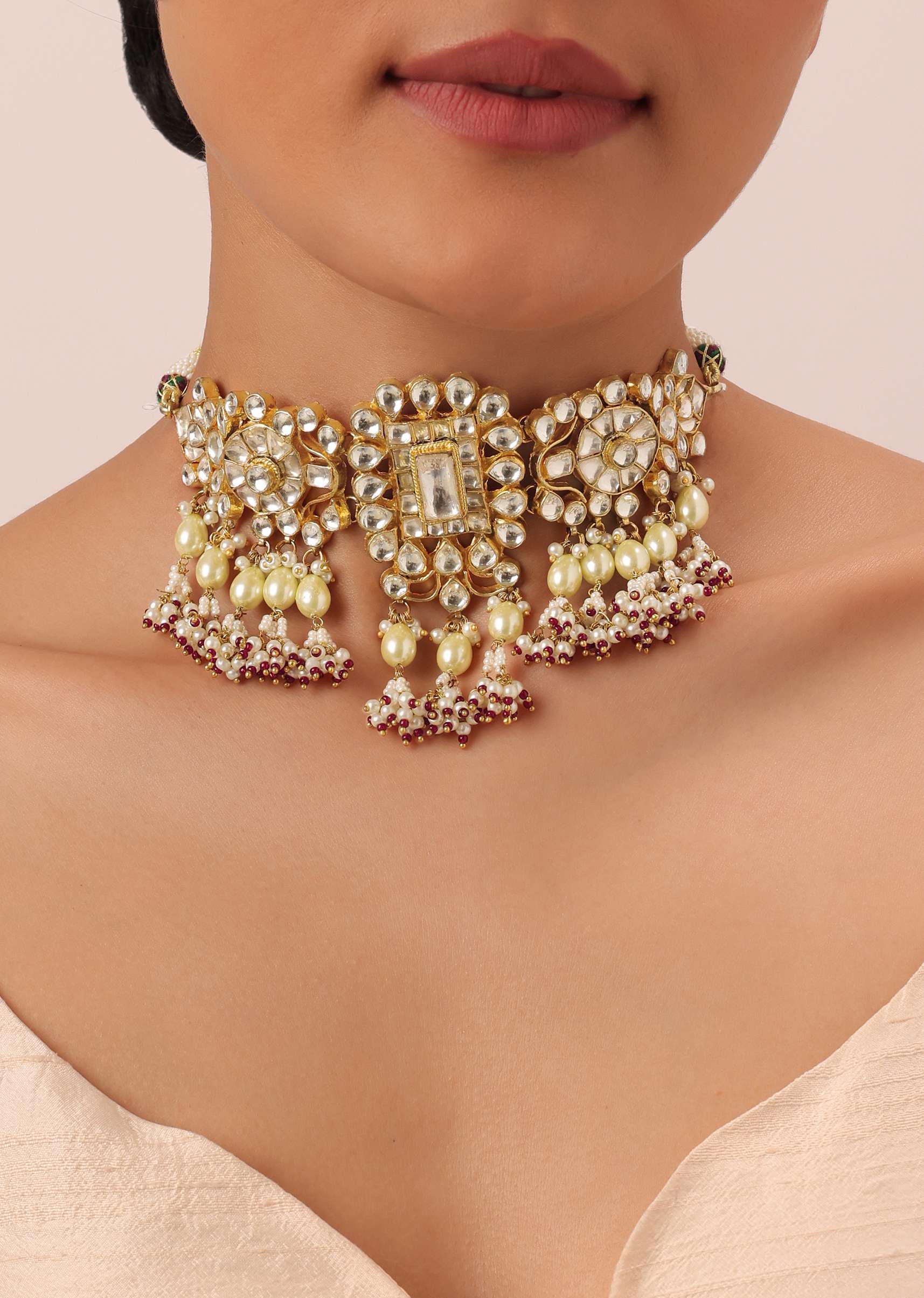 Gold Finish Kundan Polki Pearl White Choker Set With Pearls and Red Beads - Image 2