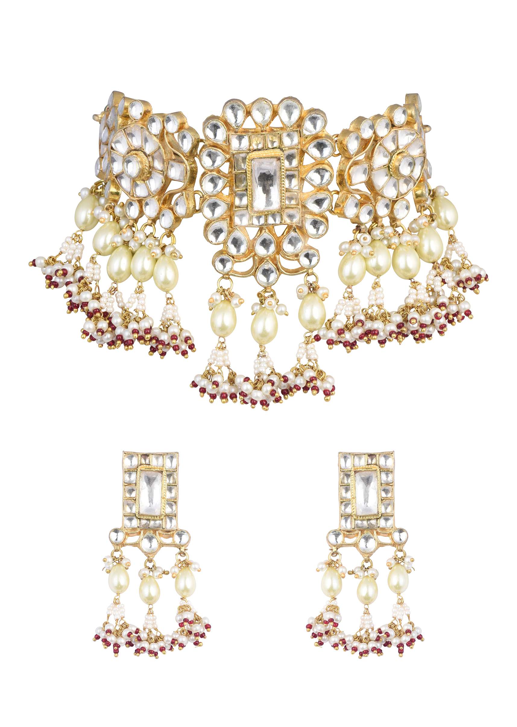 Gold Finish Kundan Polki Pearl White Choker Set With Pearls and Red Beads - Image 4