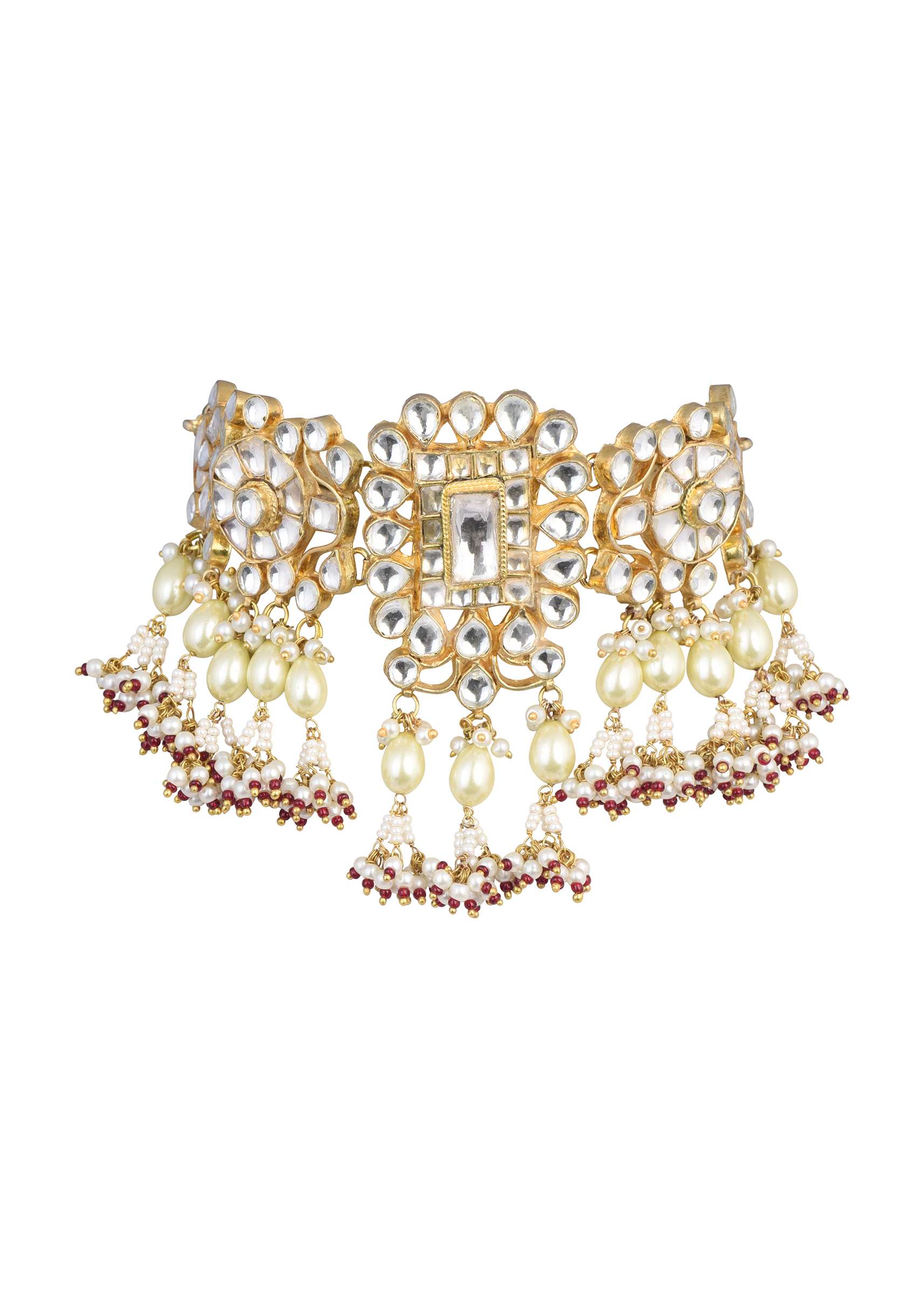 Gold Finish Kundan Polki Pearl White Choker Set With Pearls and Red Beads - Image 5