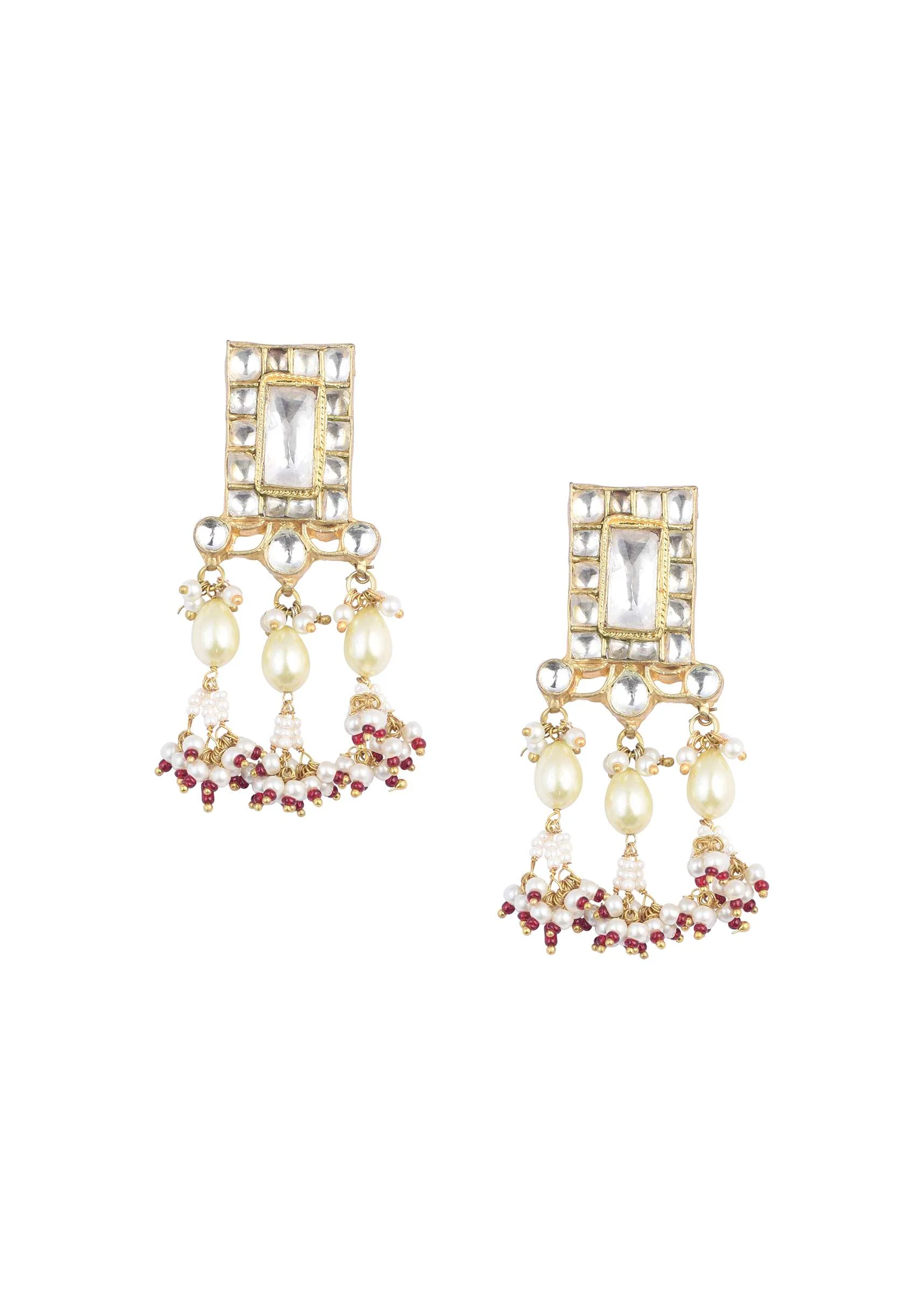 Gold Finish Kundan Polki Pearl White Choker Set With Pearls and Red Beads - Image 6