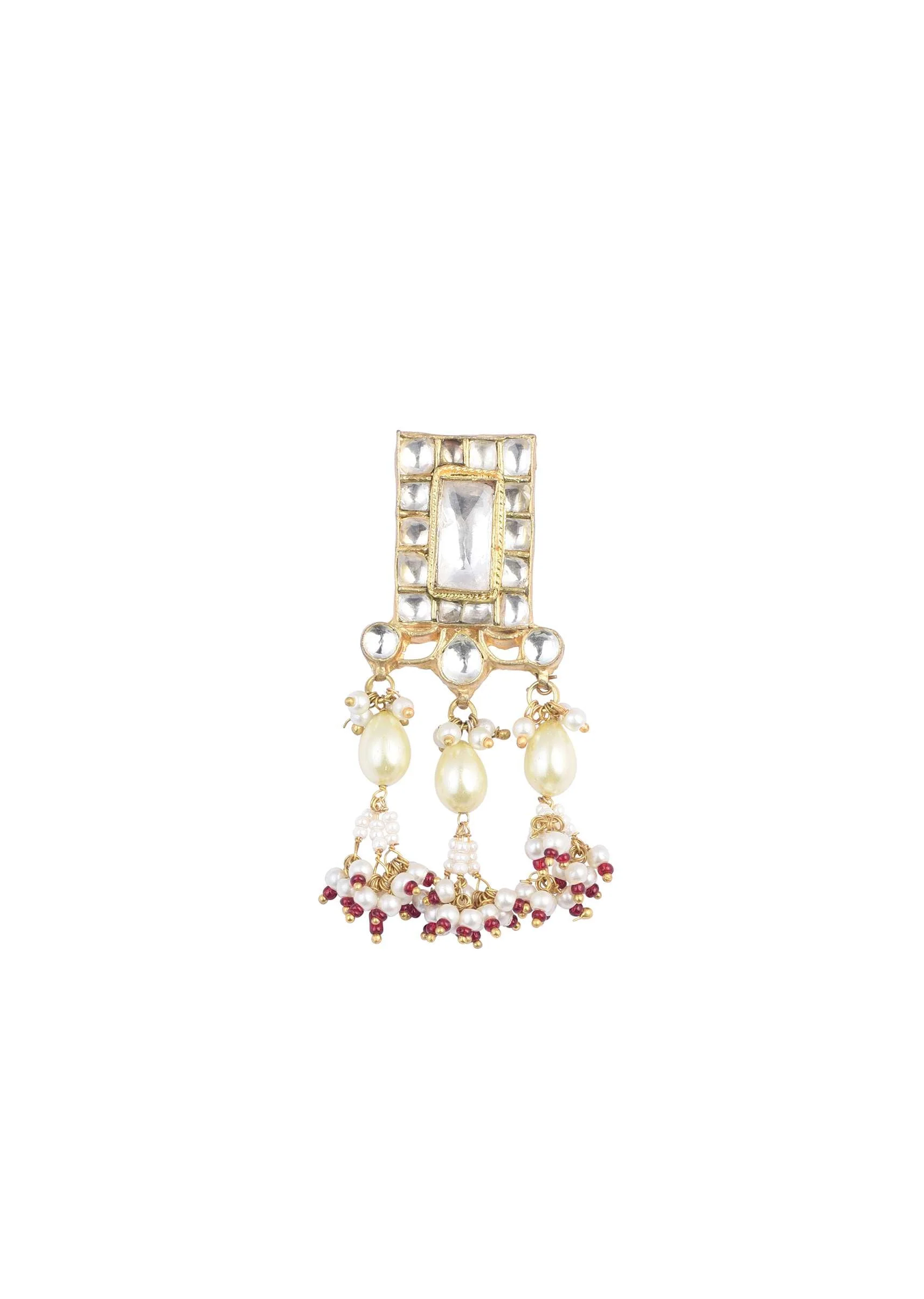 Gold Finish Kundan Polki Pearl White Choker Set With Pearls and Red Beads - Image 7