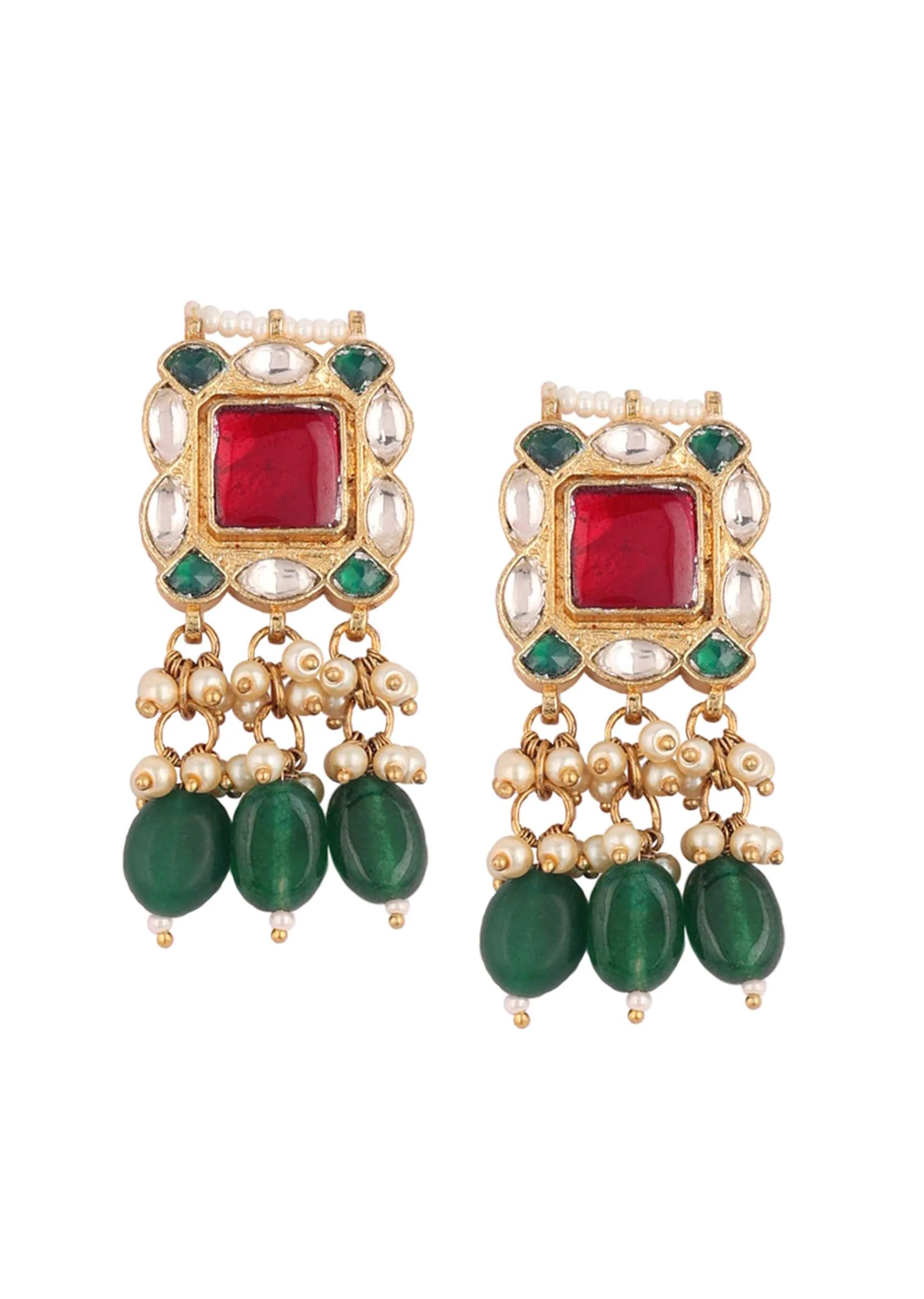 Gold Finish Kundan Polki Red And Green Choker Set With Beads And Stones - Image 16