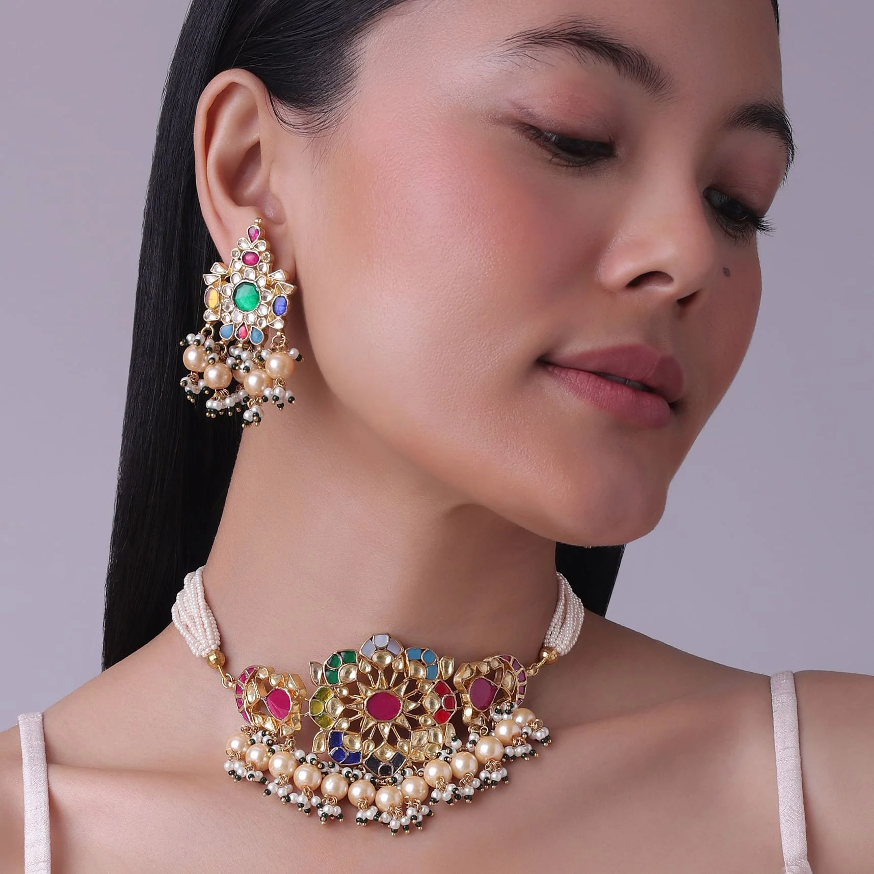 Gold Finish Kundan Polki Red And Green Choker Set With Beads And Stones - Image 3