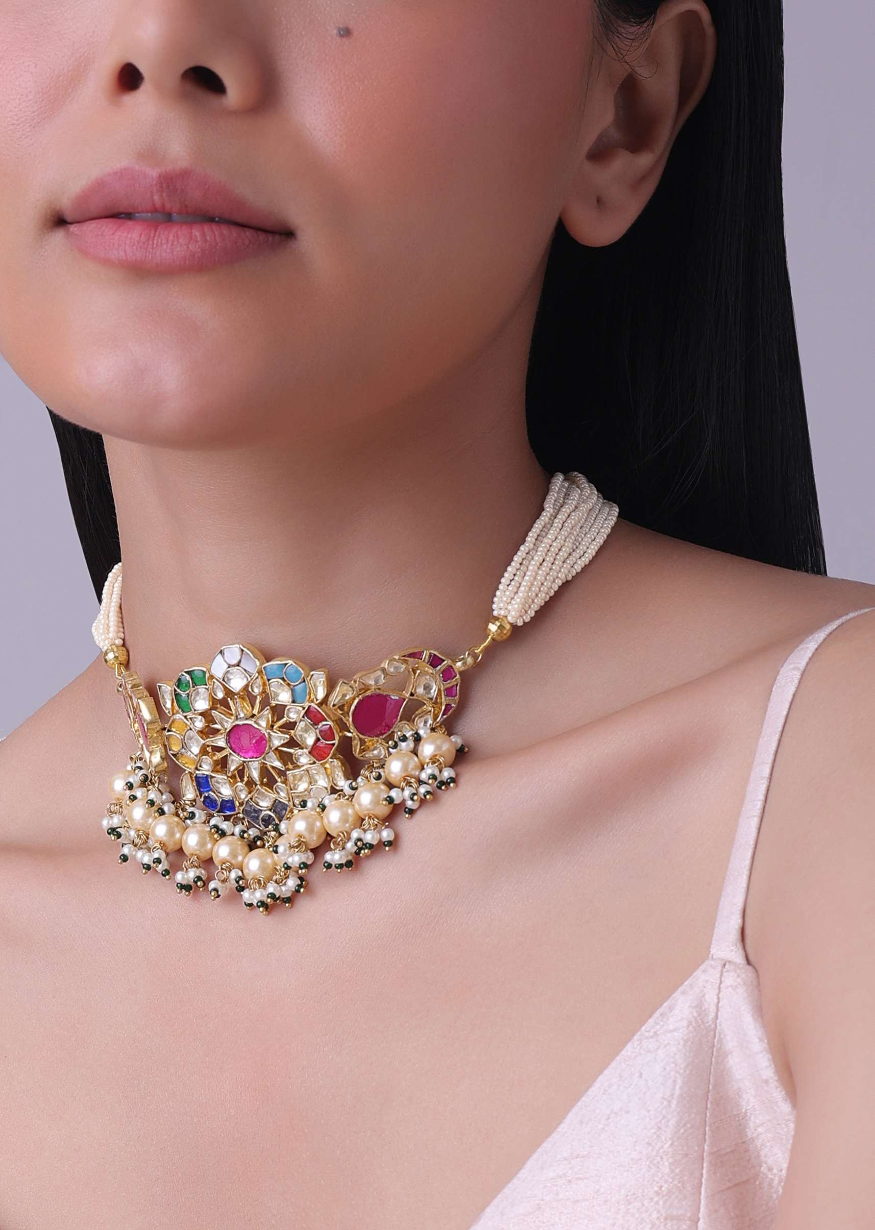 Gold Finish Kundan Polki Red And Green Choker Set With Beads And Stones - Image 3