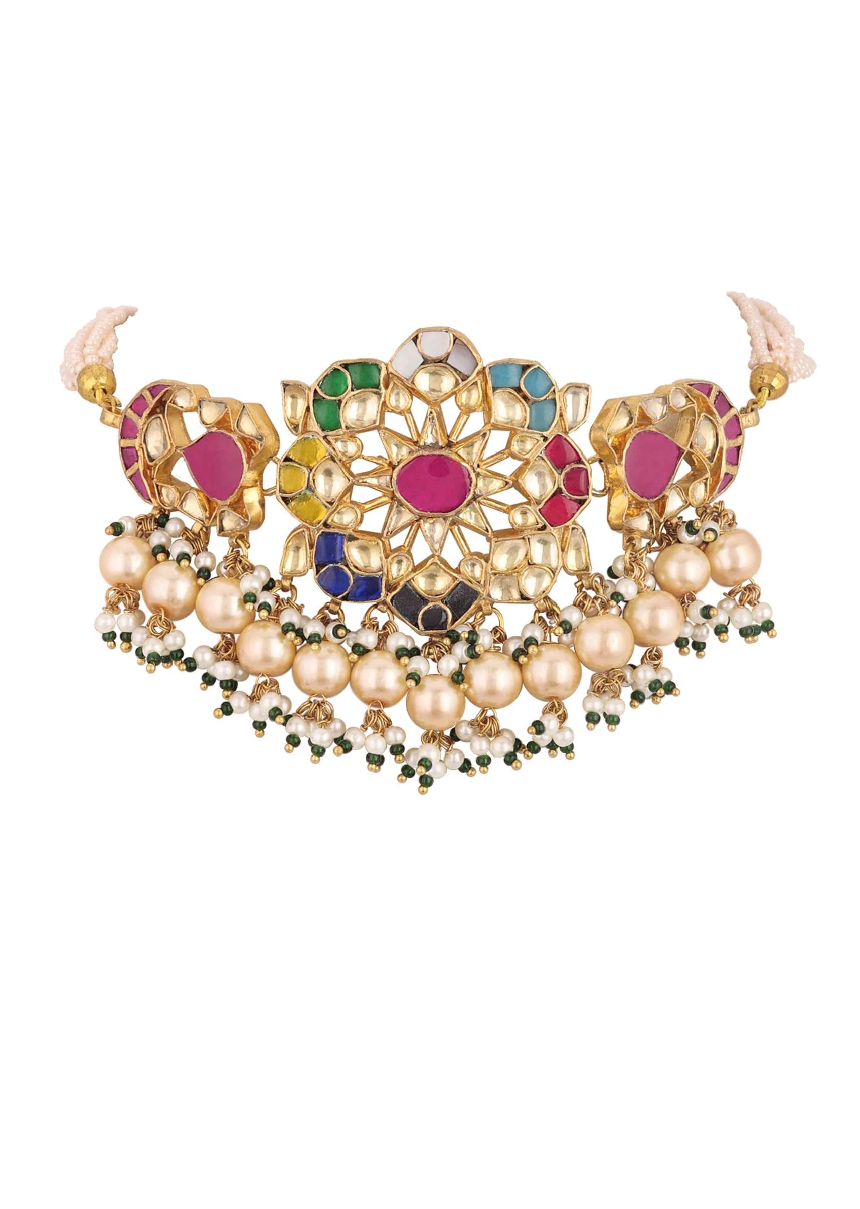 Gold Finish Kundan Polki Red And Green Choker Set With Beads And Stones - Image 5
