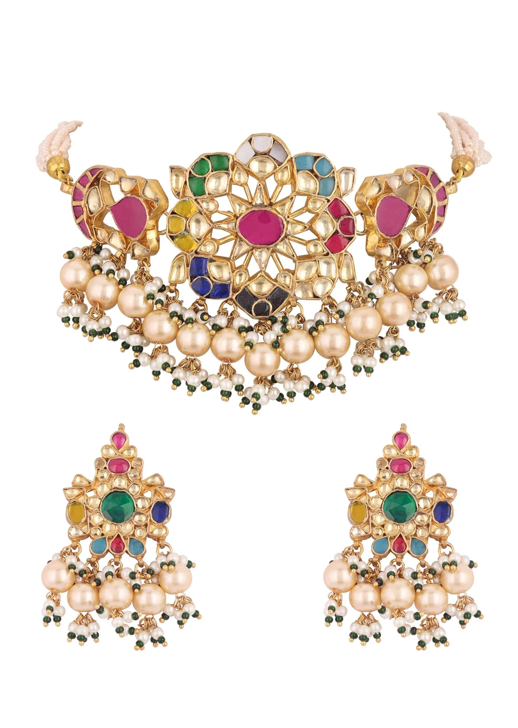 Gold Finish Kundan Polki Red And Green Choker Set With Beads And Stones - Image 6