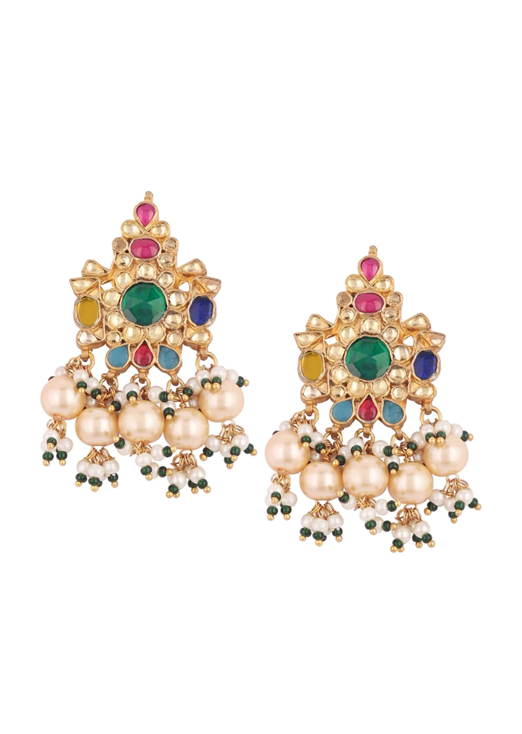 Gold Finish Kundan Polki Red And Green Choker Set With Beads And Stones - Image 8
