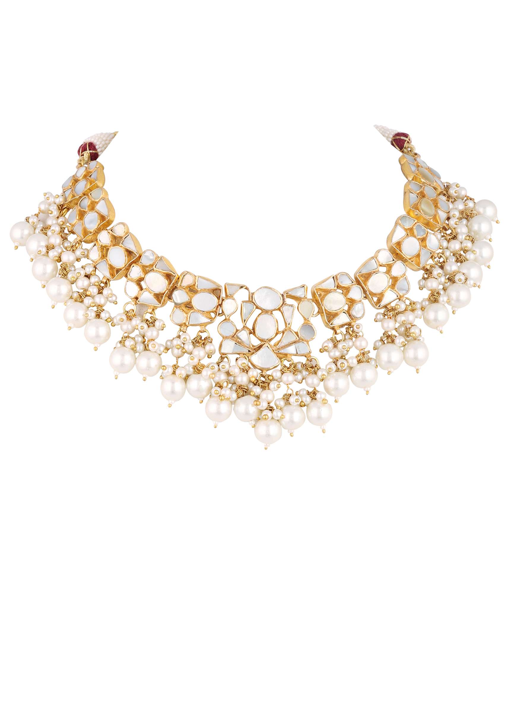 Gold Finish Kundan Polki White Choker Set With Pearls - Image 5