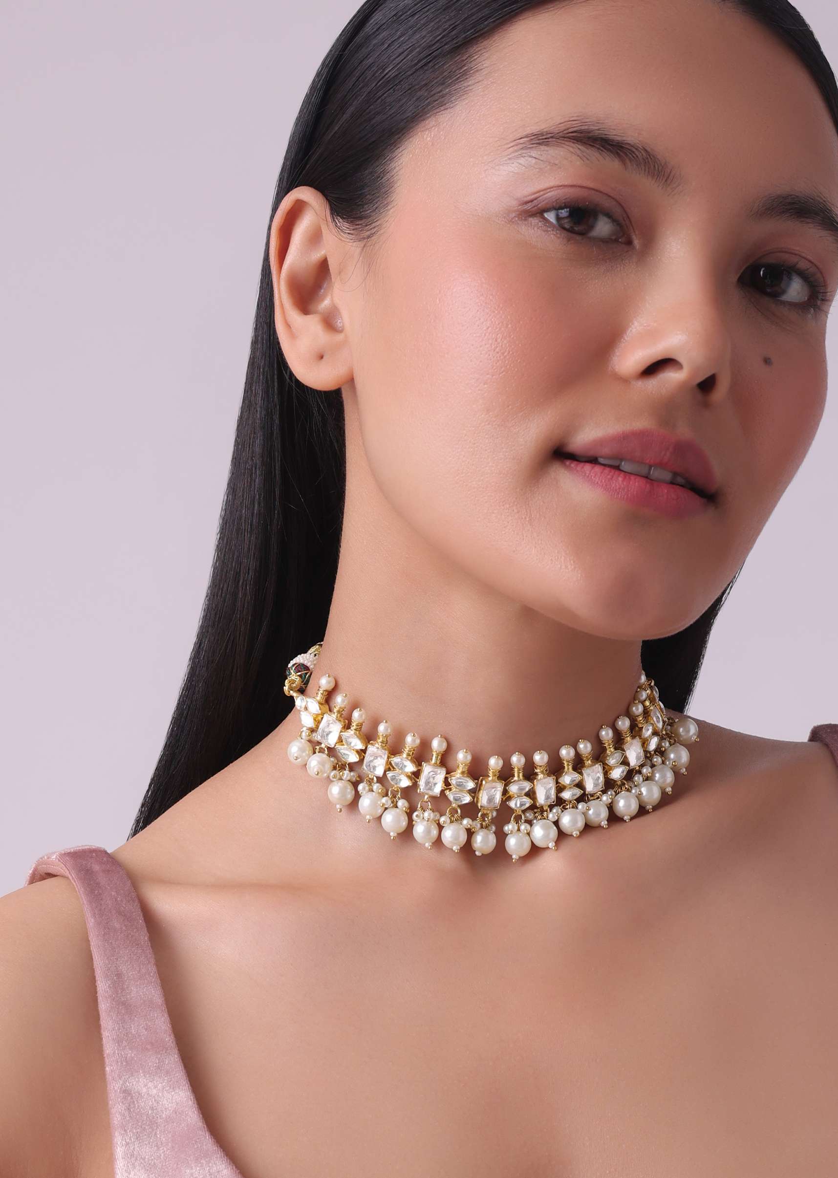 Gold Finish Kundan Polki White Necklace Set With Beads, Stones, And Pearls - Image 3