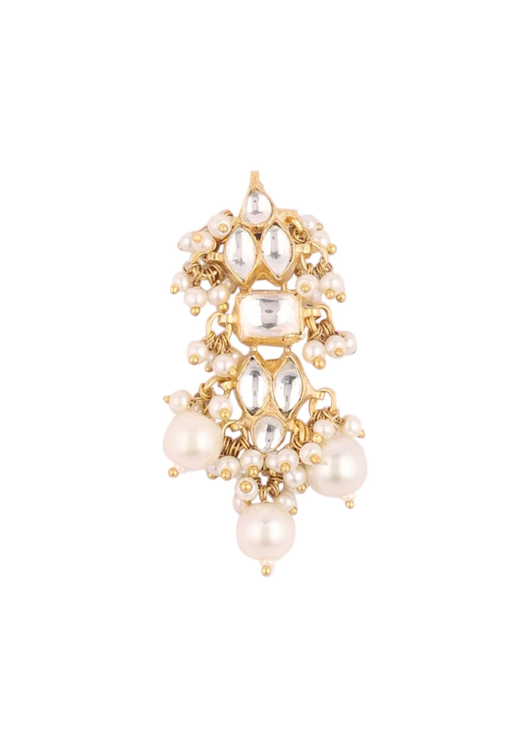 Gold Finish Kundan Polki White Necklace Set With Beads, Stones, And Pearls - Image 7