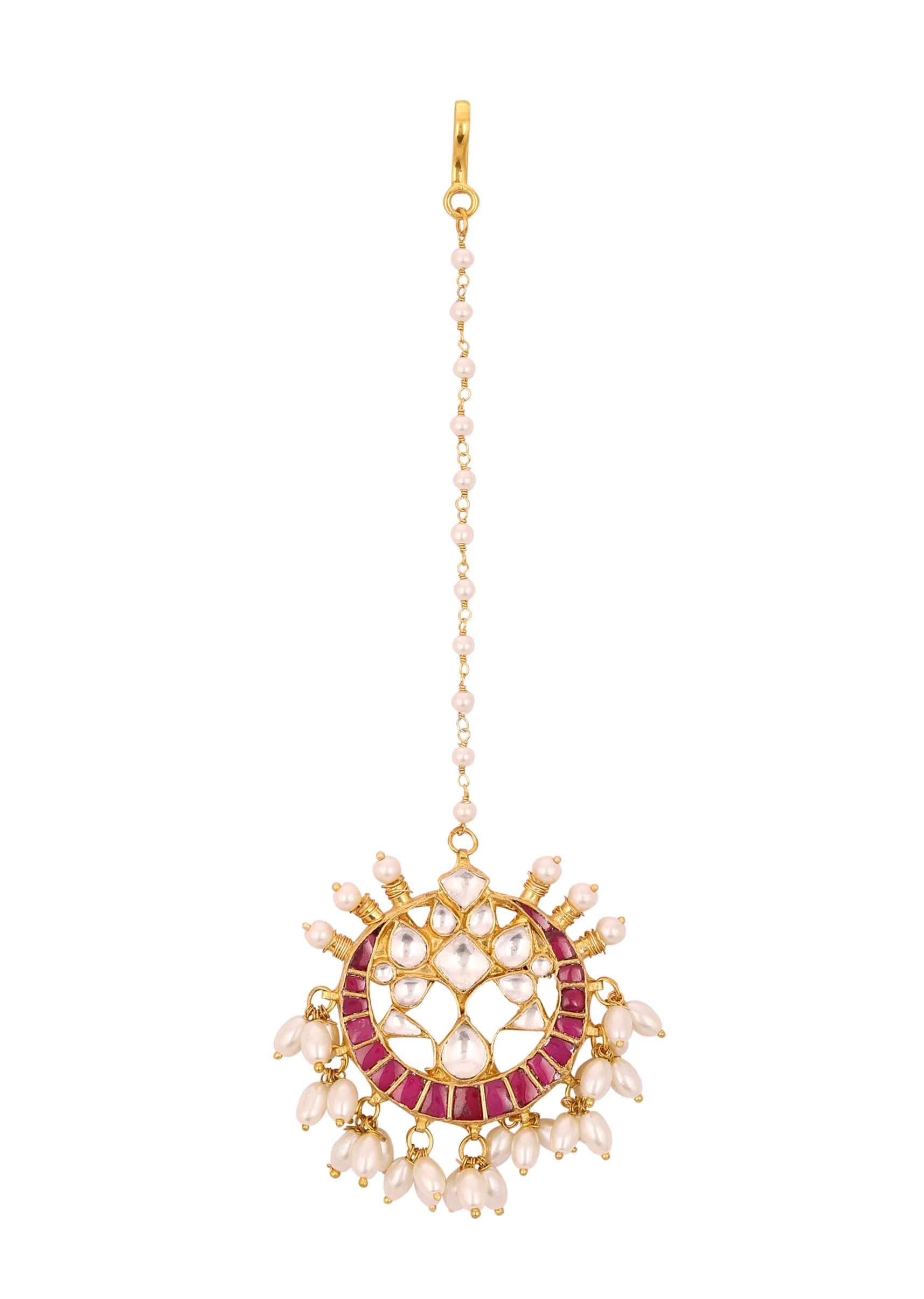 Gold Finish Kundan Red Floral Maangtika With Synthetic Pearls And Stones - Image 3