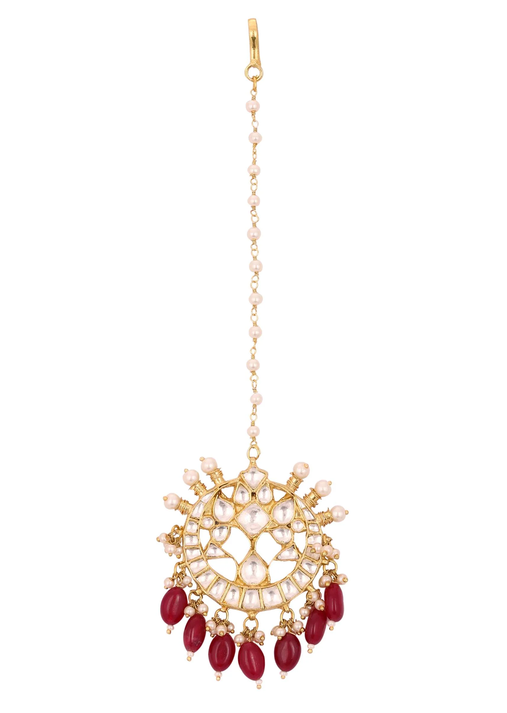 Gold Finish Kundan Red Floral Maangtika With Synthetic Ruby Stones