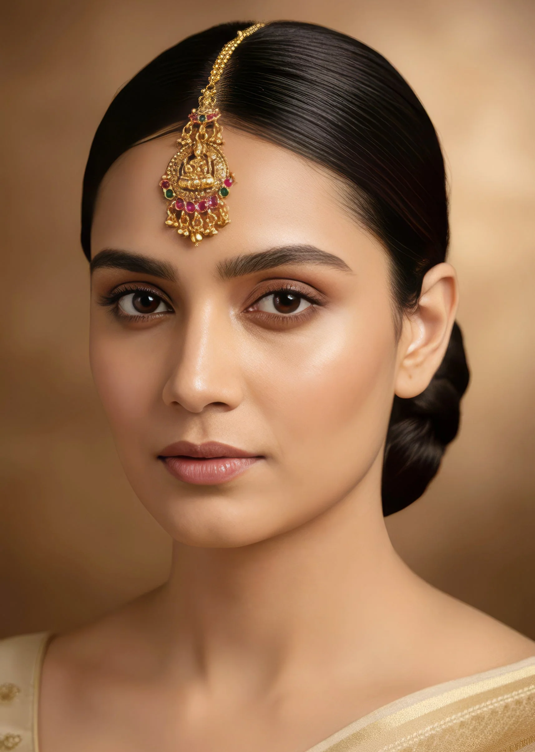 Gold Finish Maangtikka With Temple Style Motifs And Light Pink Dark Pink and Green Simulated Stones