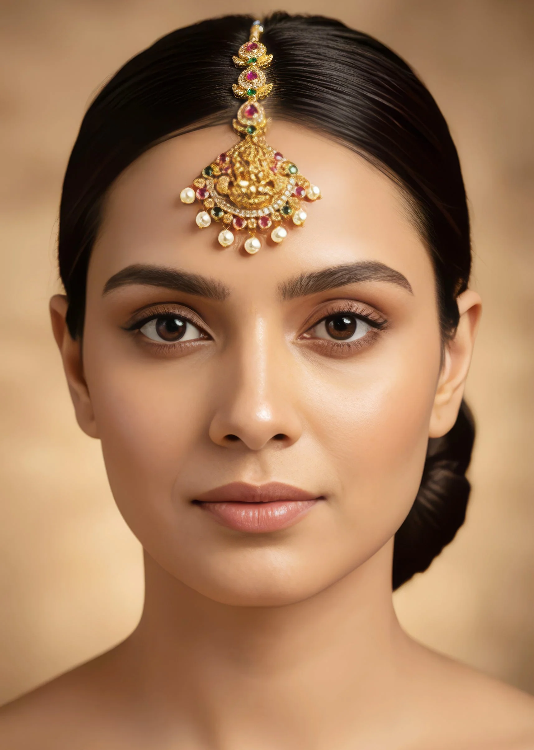 Gold Finish Maangtikka With Temple Style Motifs And Pink Green and Off White Simulated Stones