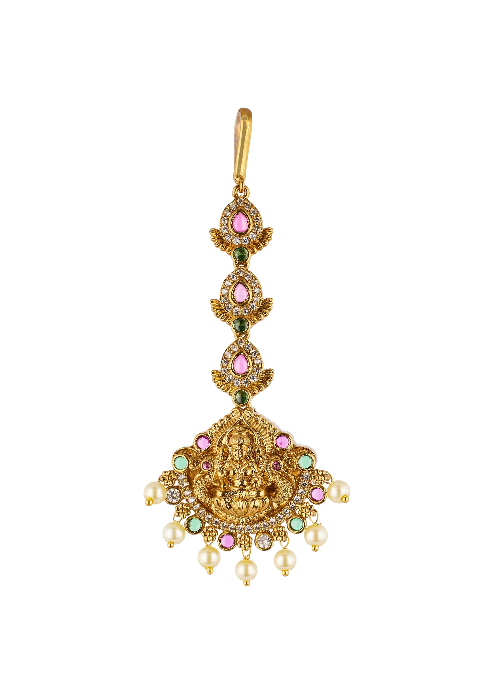 Gold Finish Maangtikka With Temple Style Motifs And Pink Green and Off White Simulated Stones - Image 2