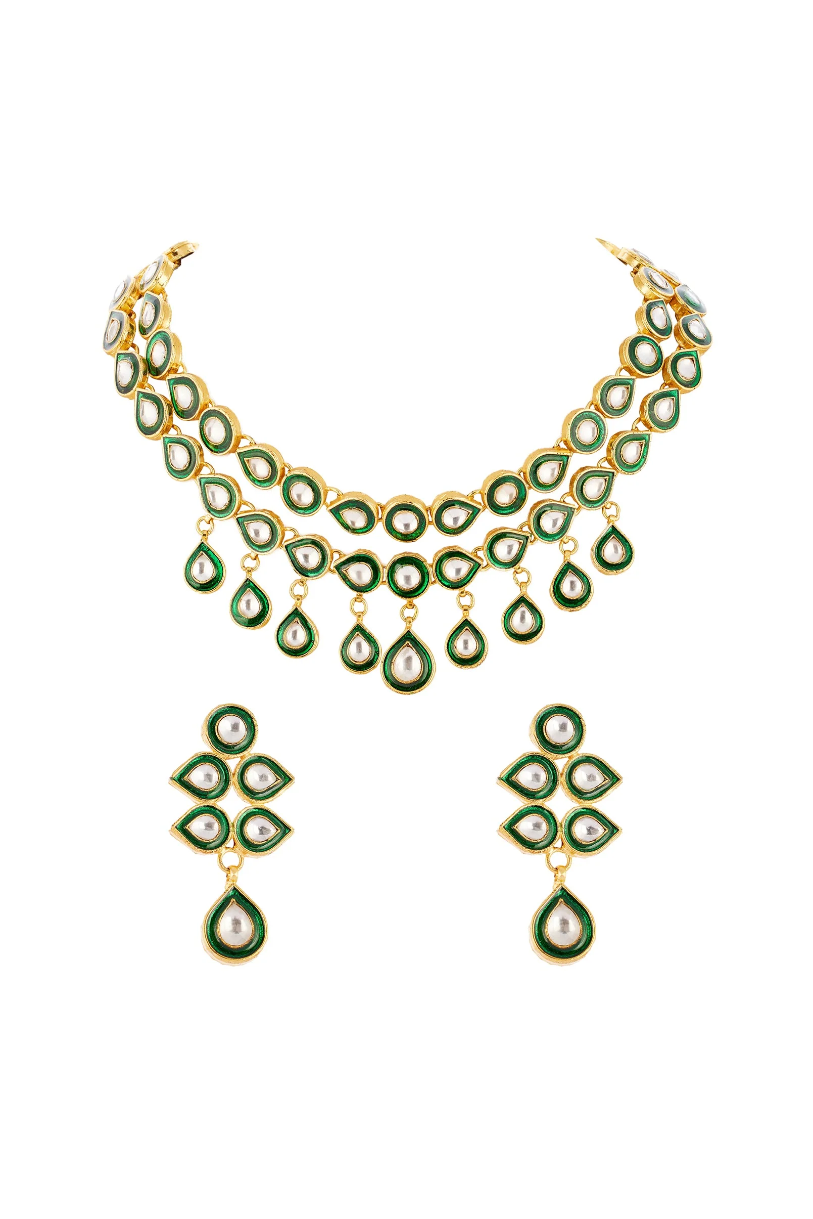 Gold Finish Necklace Set in Kundan Polki and Meenakari Detailing - Image 2