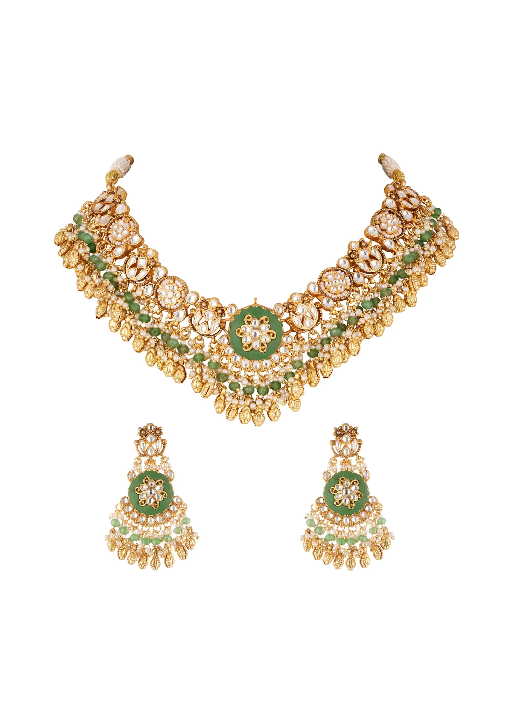 Gold Finish Necklace Set With Kundan Jadau Stones Enamel And Moti Beads - Image 2