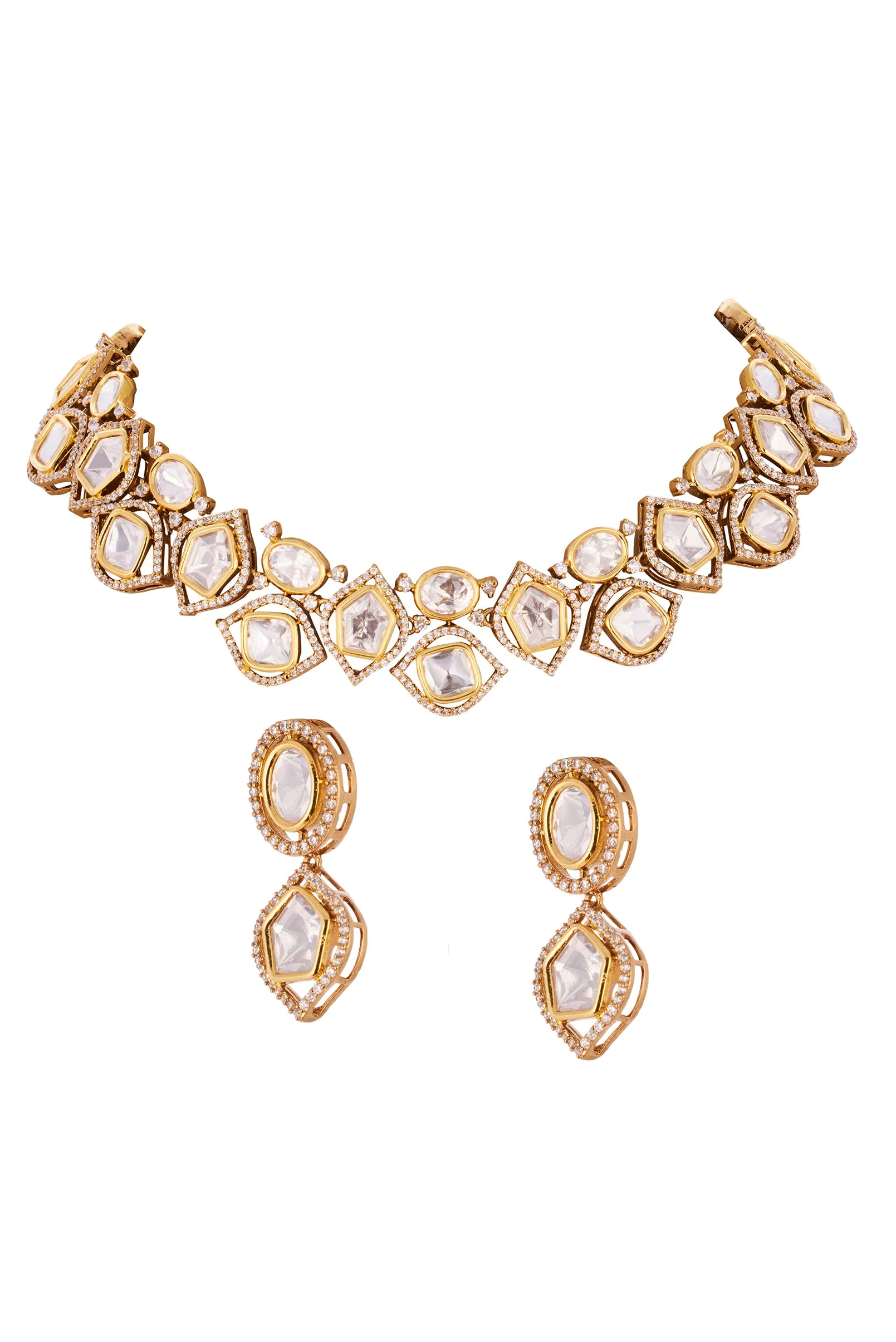 Gold Finish Necklace Set with Polki Detailing