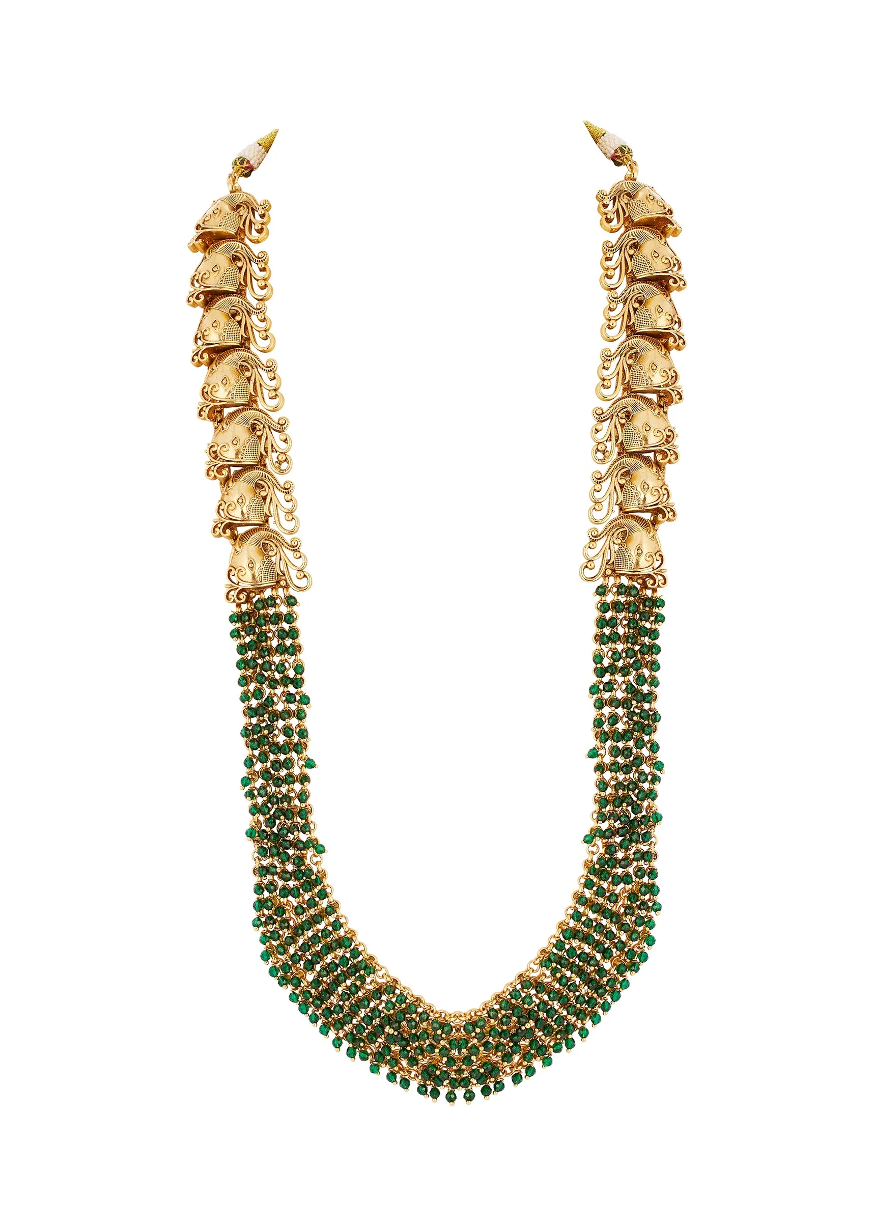 Gold Finish Necklace Set With Traditional Temple Motifs And Green Simulated Stones - Image 2