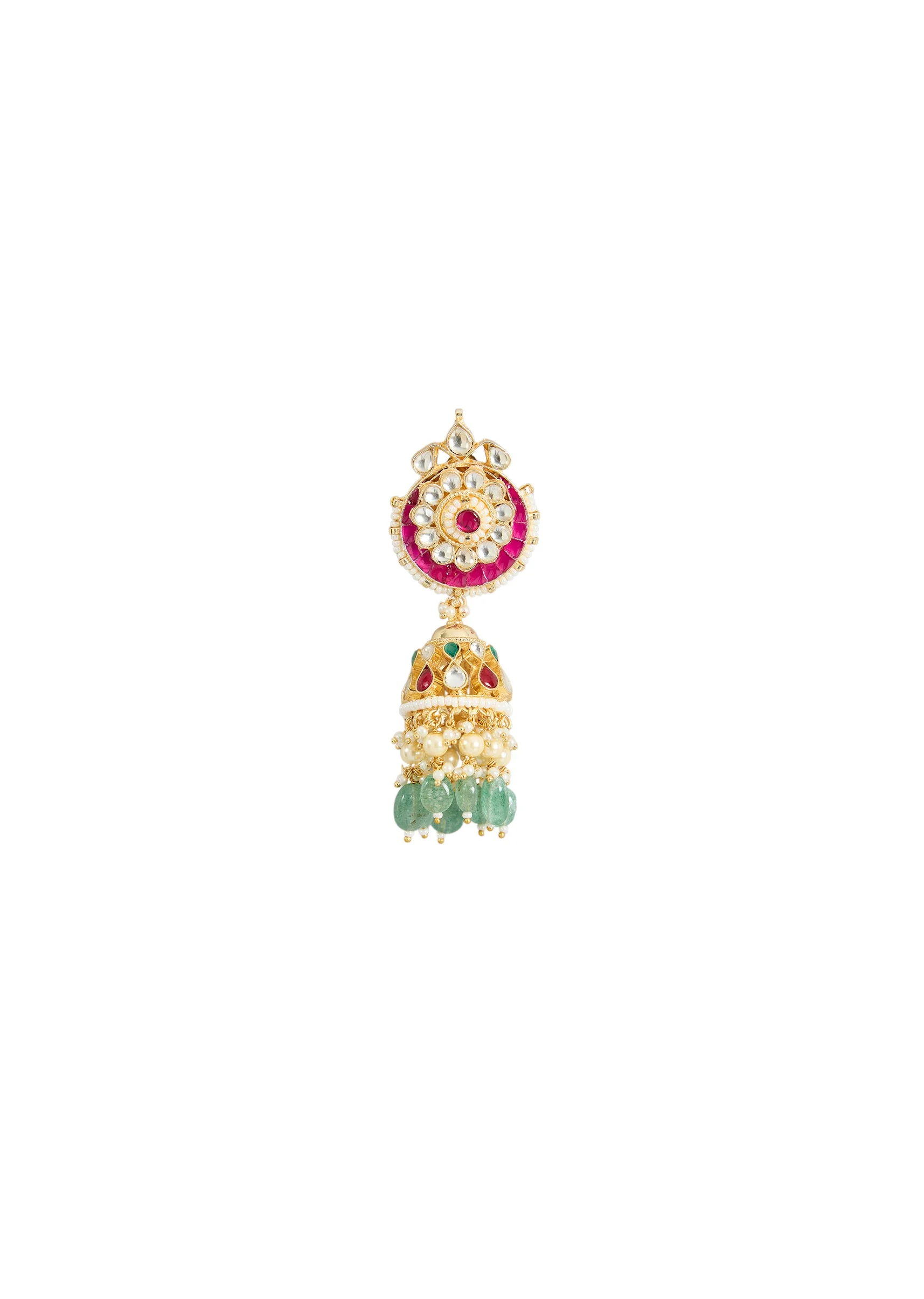 Gold Finish Pink Stone Jhumka Earrings - Image 3