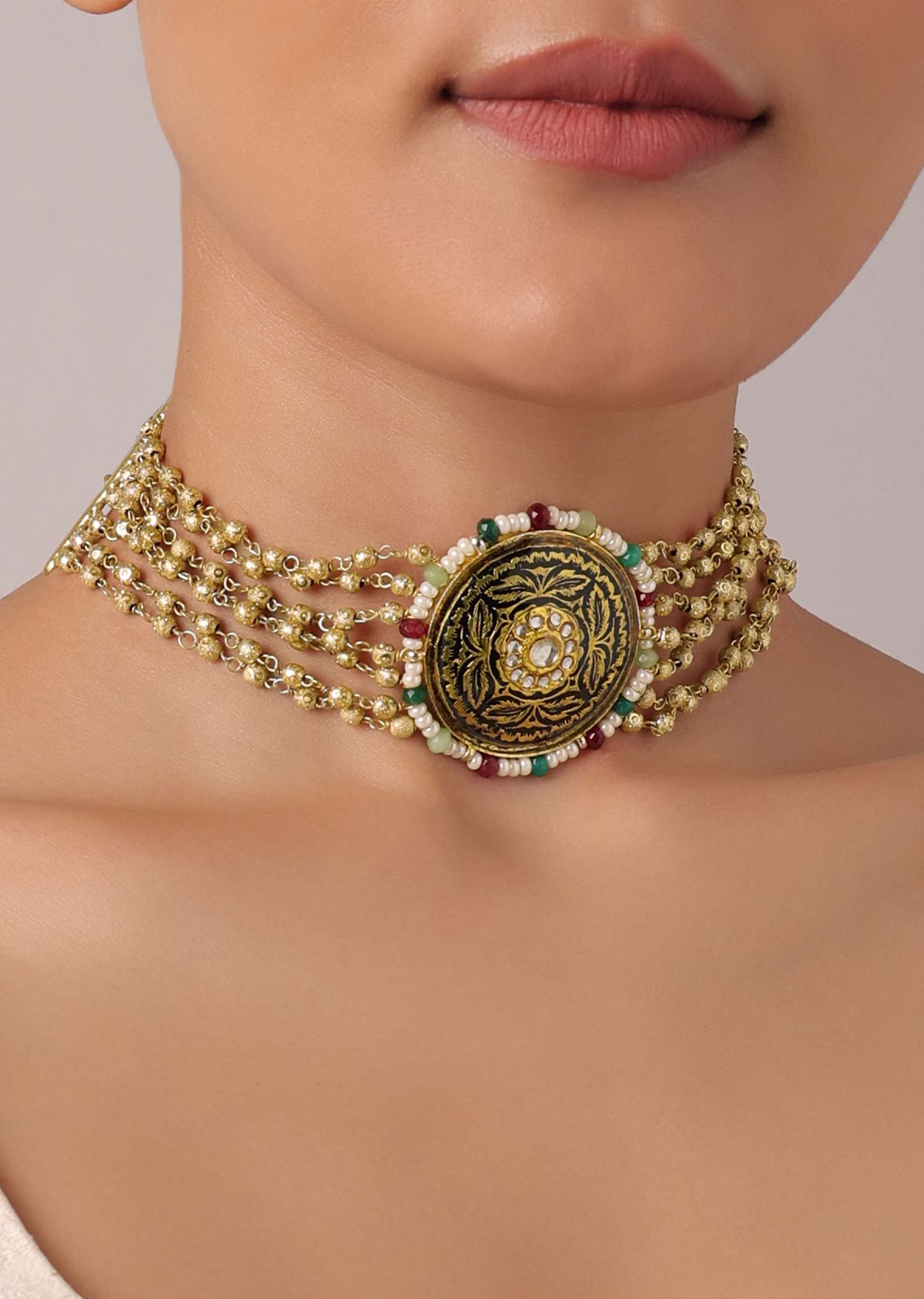 Gold Finish Temple Choker with Circular Motif And Studs - Image 2