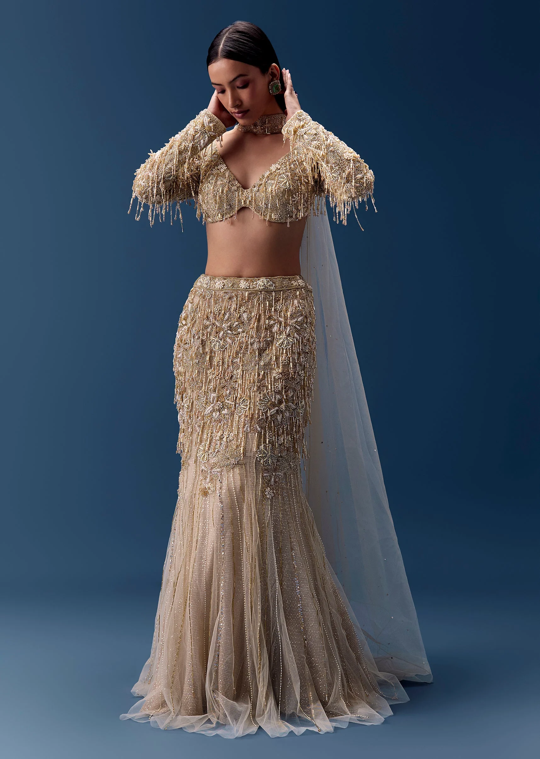 Gold Fishcut Lehenga with Blouse and Choker Dupatta