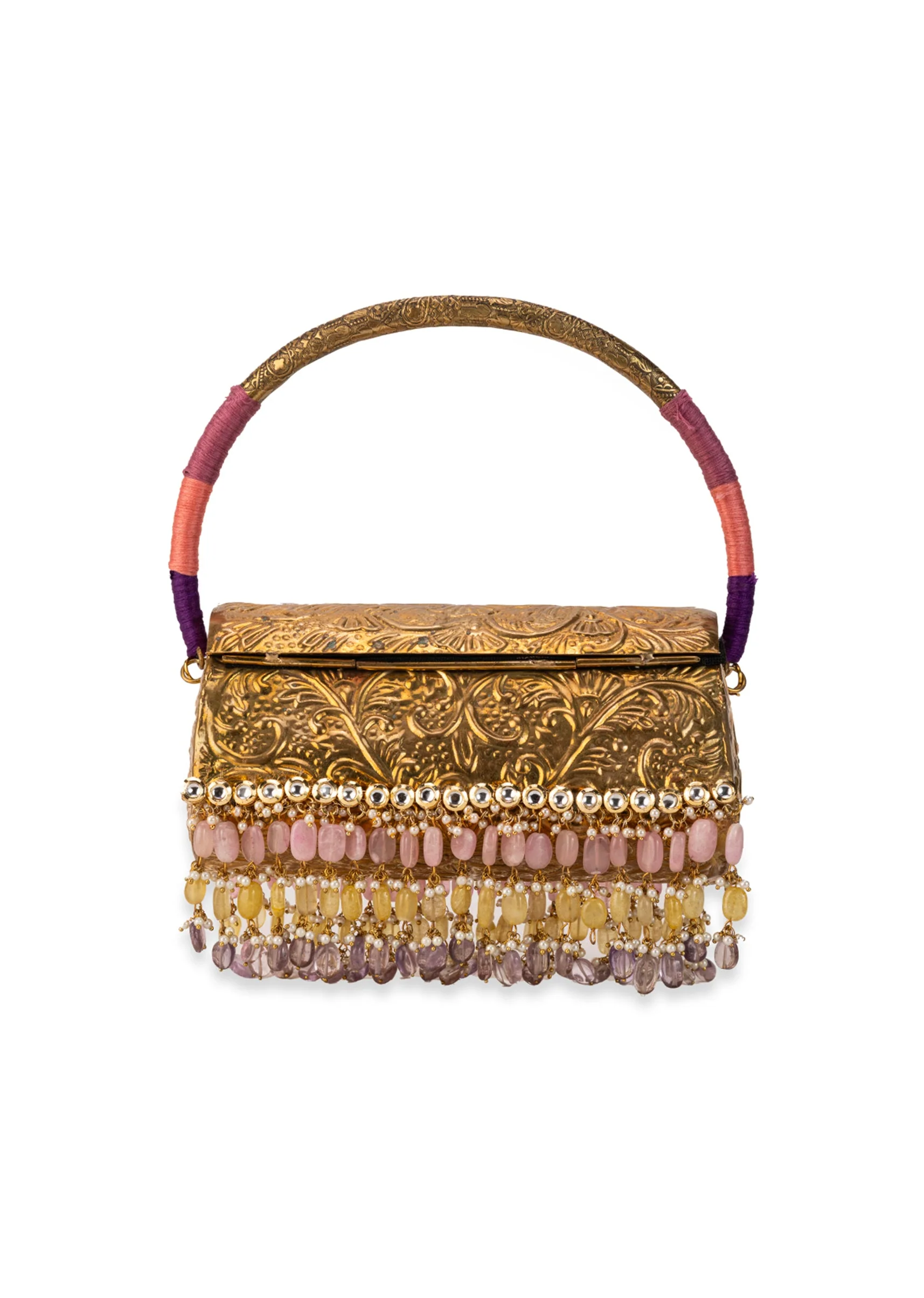 Gold Floral Engraved Bead Tassel Metal Bag - Image 3