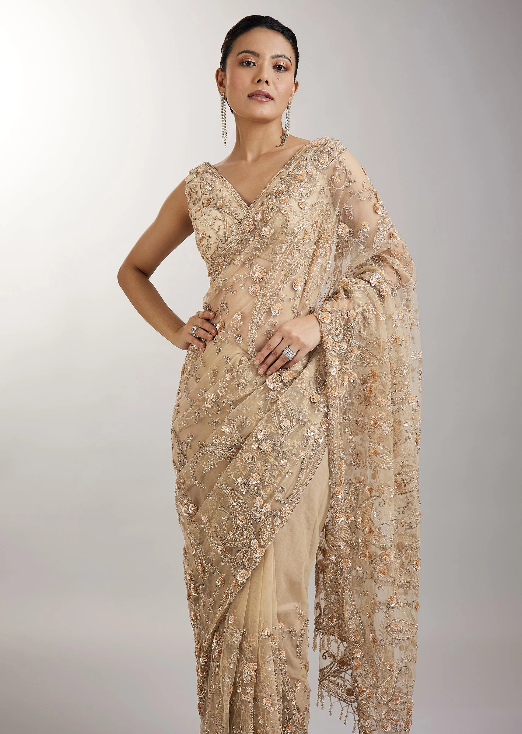 Gold Glowing Embroidered Saree - Image 5