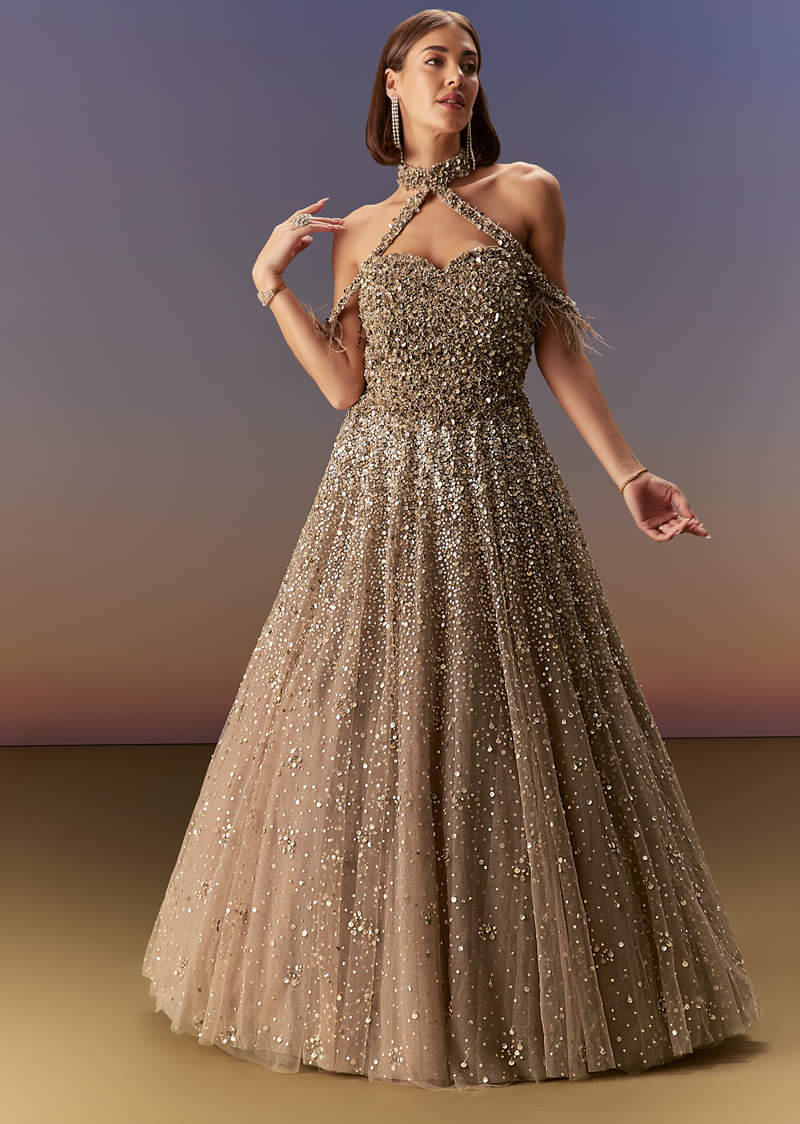 Gold Halter Neck Gown With Cut Out Back And Embellished Bodice - Image 4