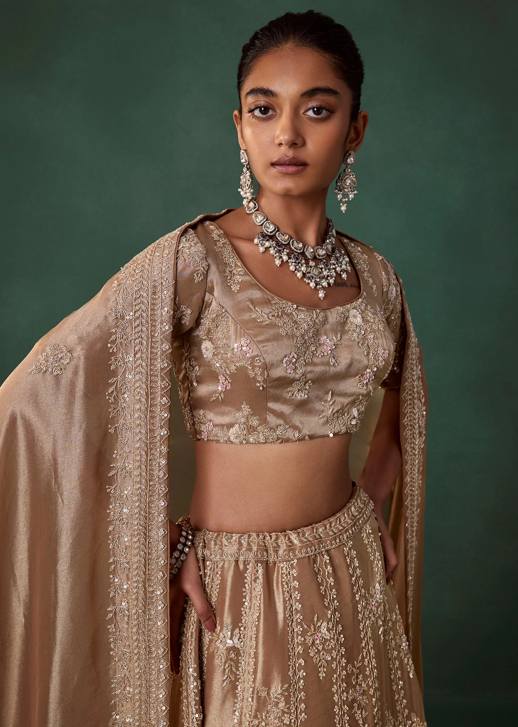 Gold Hand Embroidered Bridal Lehenga Set in Satin - Image 3