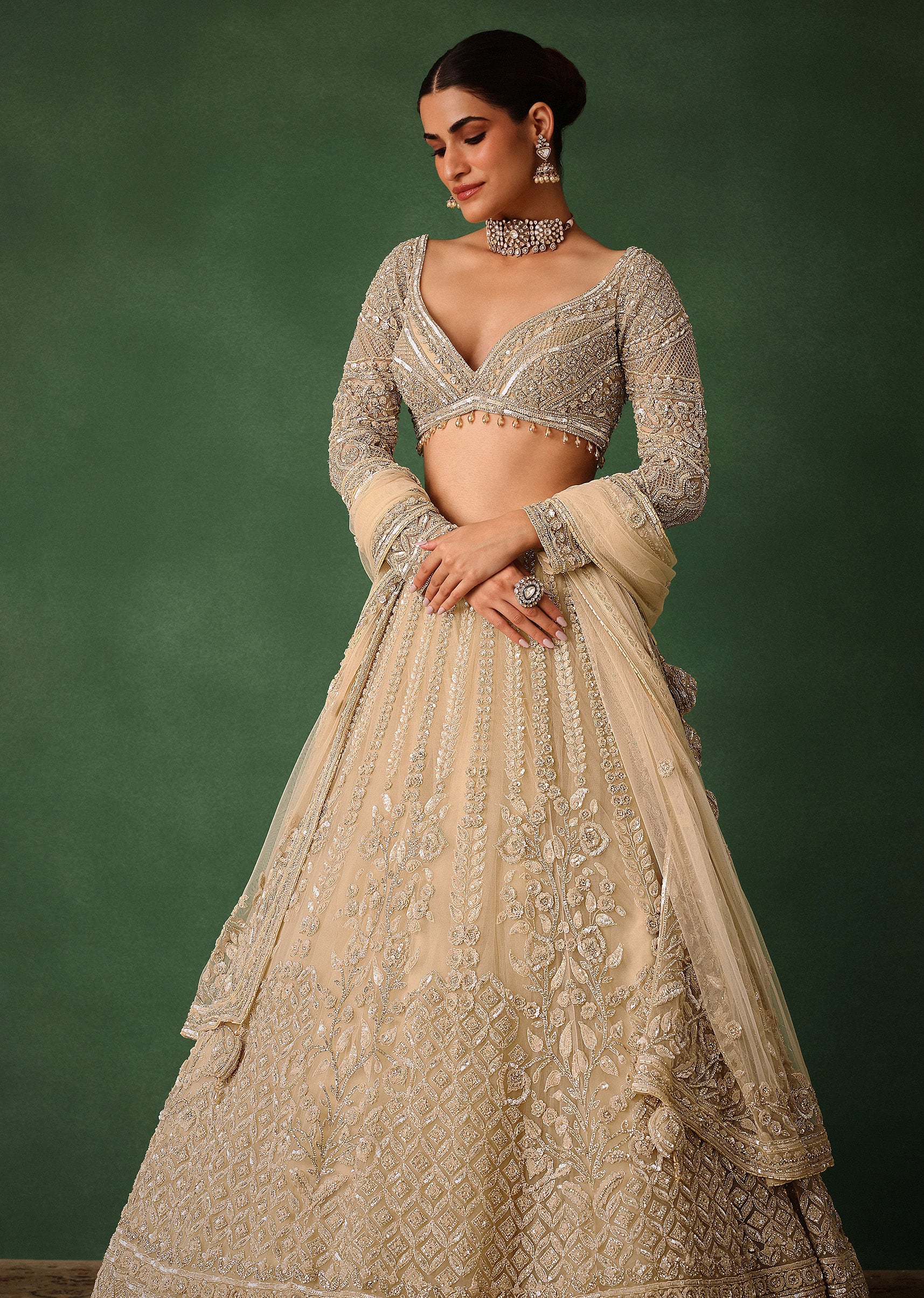 Gold Hand Embroidered Lehenga Set In Raw Silk With Dupatta - Image 5