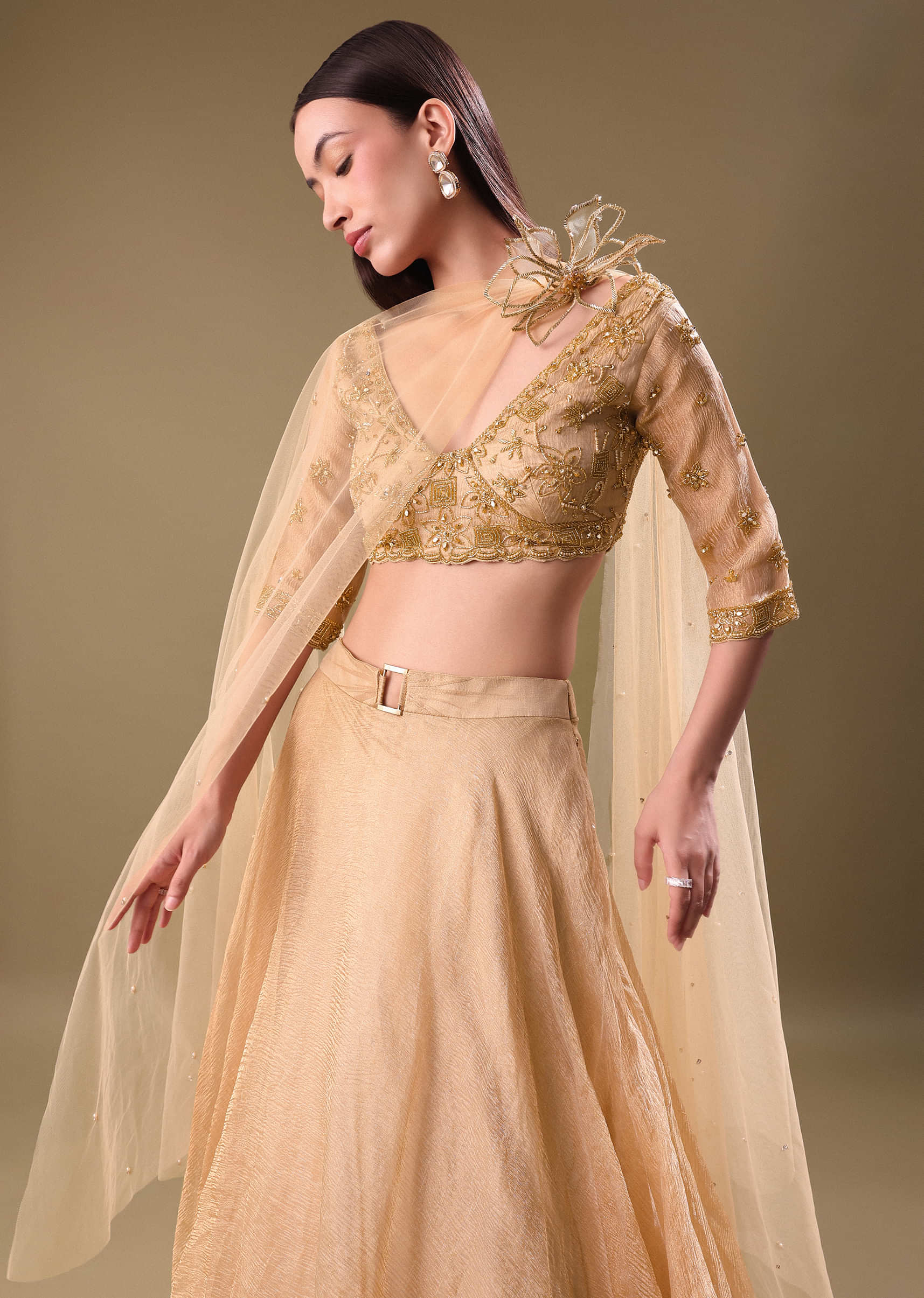 Gold Hand Embroidered Tissue Lehenga And Blouse With Dupatta - Image 2